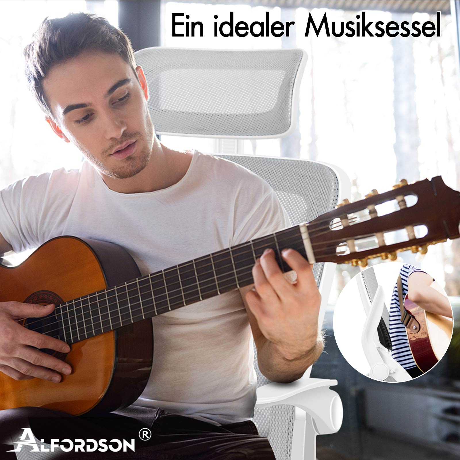 Ein Mann spielt Gitarre in einem weißen Bürostuhl. Ein kleiner Kreis zeigt eine Person mit Gitarre.