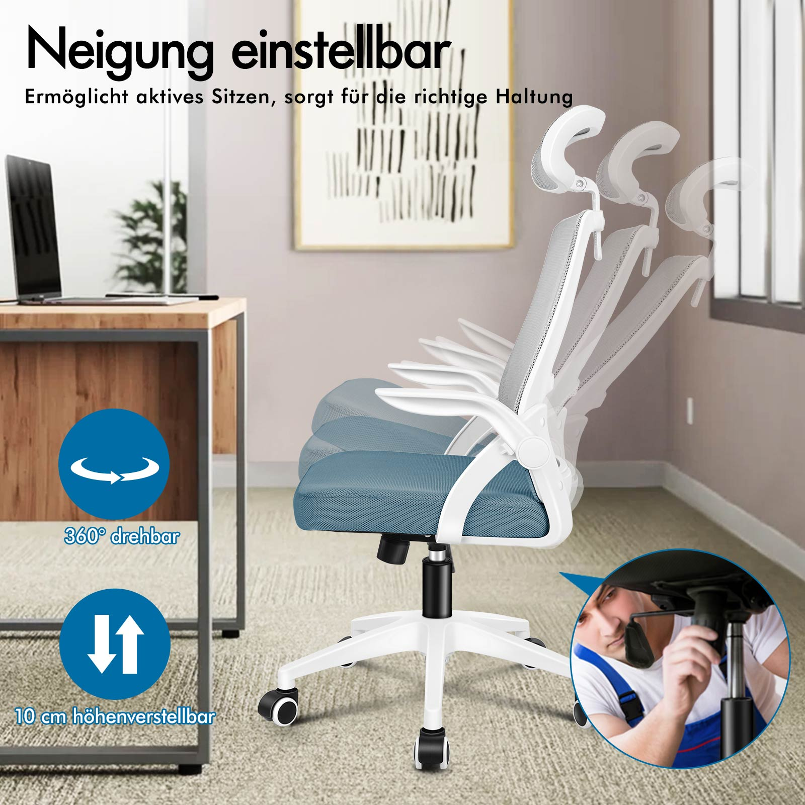 Bürostuhl mit einstellbarer Neigung, 360° drehbar und 10cm höhenverstellbar.