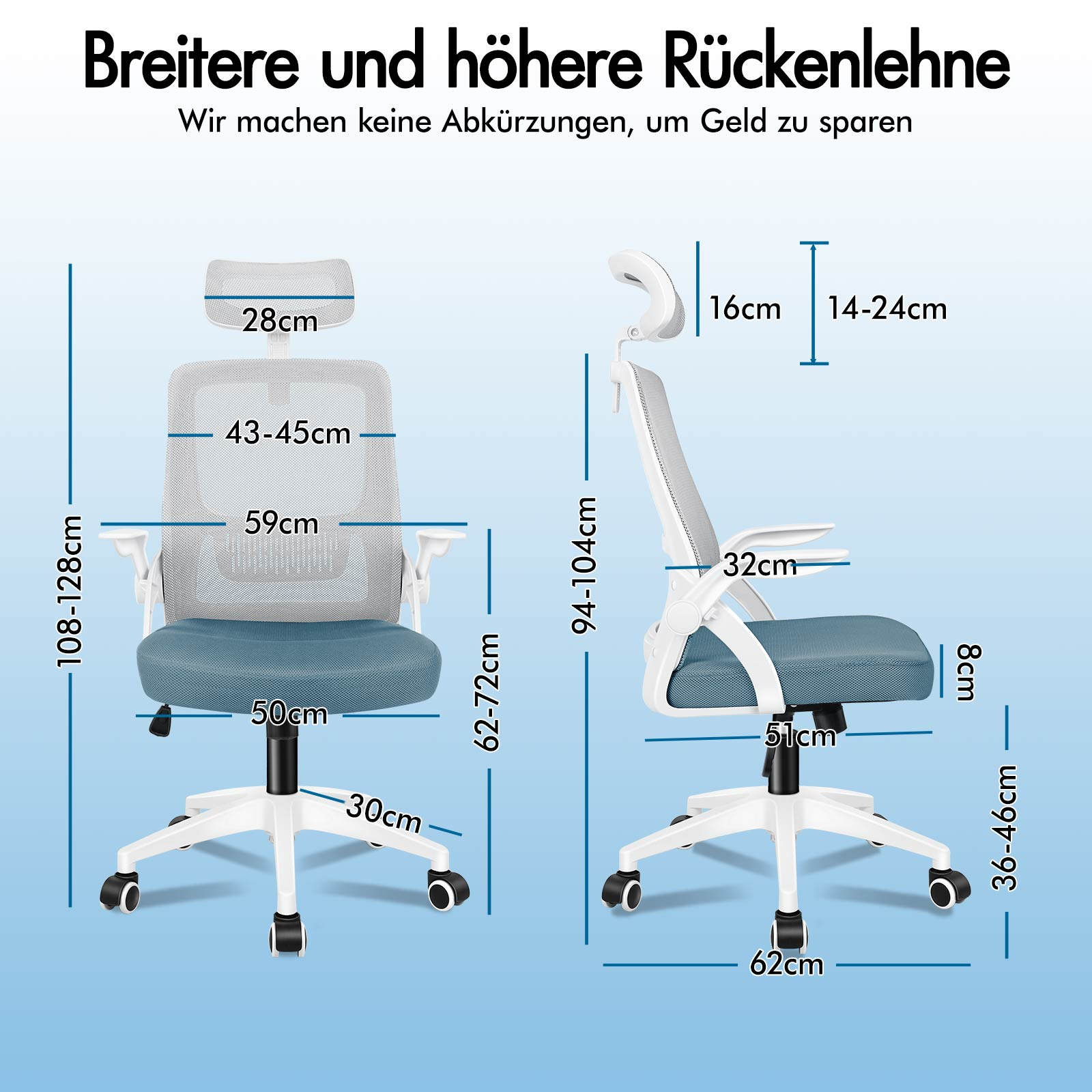 Zwei Bürostühle mit Maßen und Verstellmöglichkeiten im Detail.