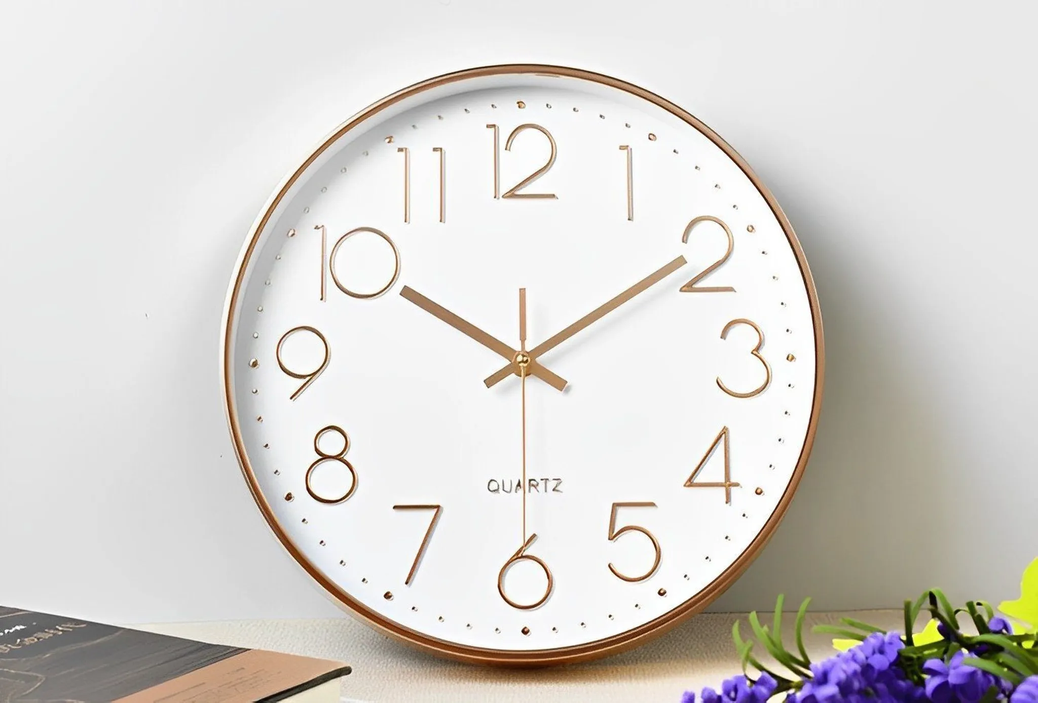 Eine weiße Wanduhr mit goldenem Rahmen und Zeigern zeigt 10:10 Uhr.