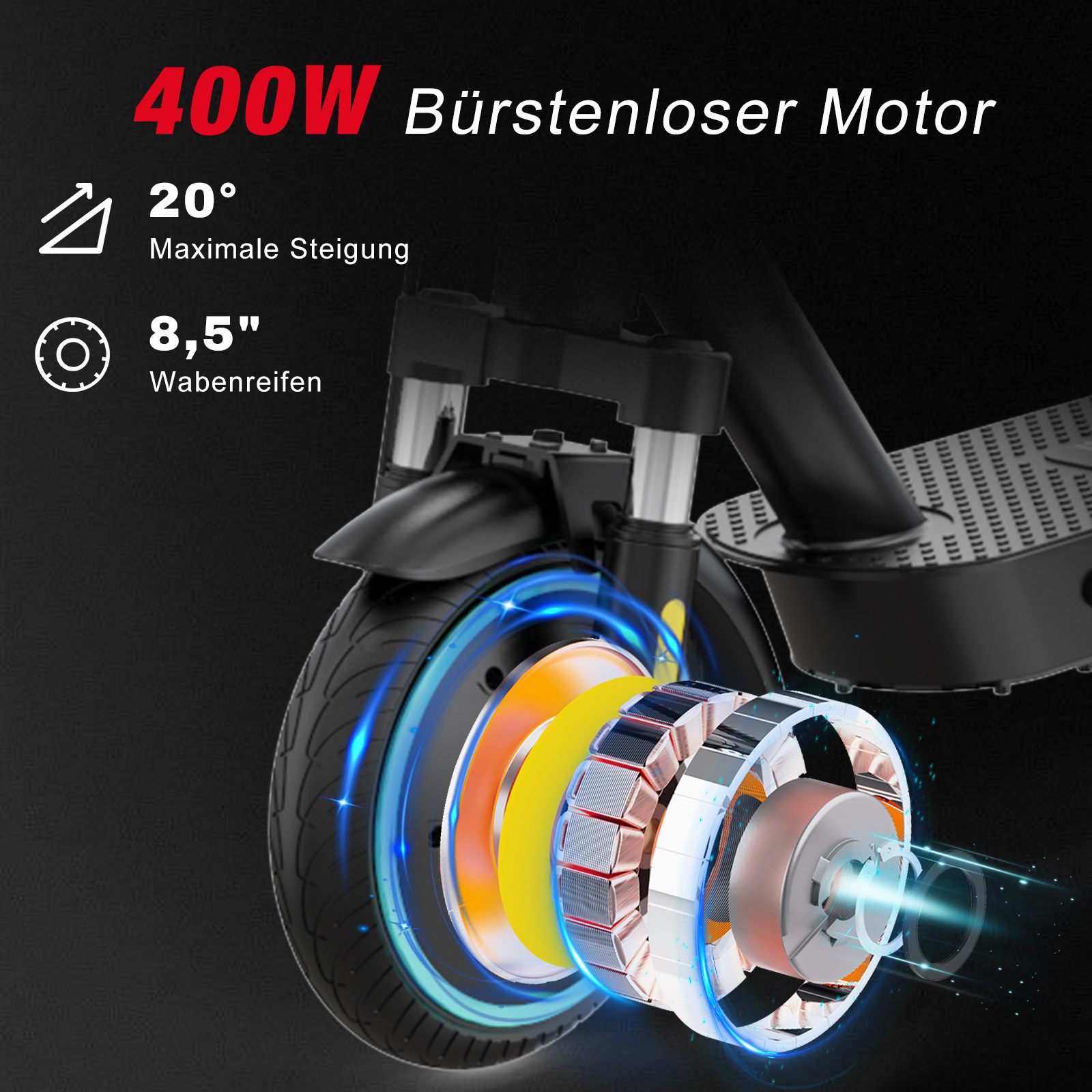 400W bürstenloser Motor, 20° Steigung, 8,5" Wabenreifen.