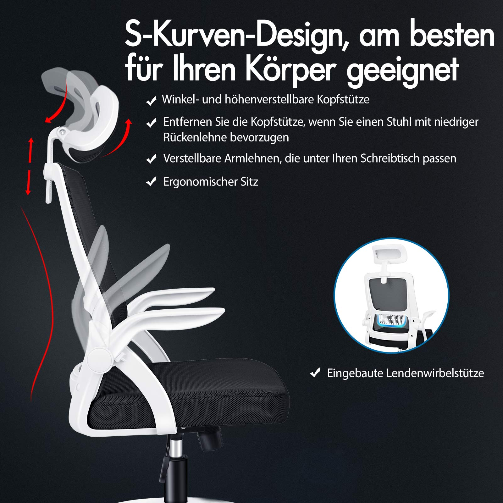 Ein weißer ergonomischer Bürostuhl mit verstellbarer Kopfstütze und Armlehnen.
