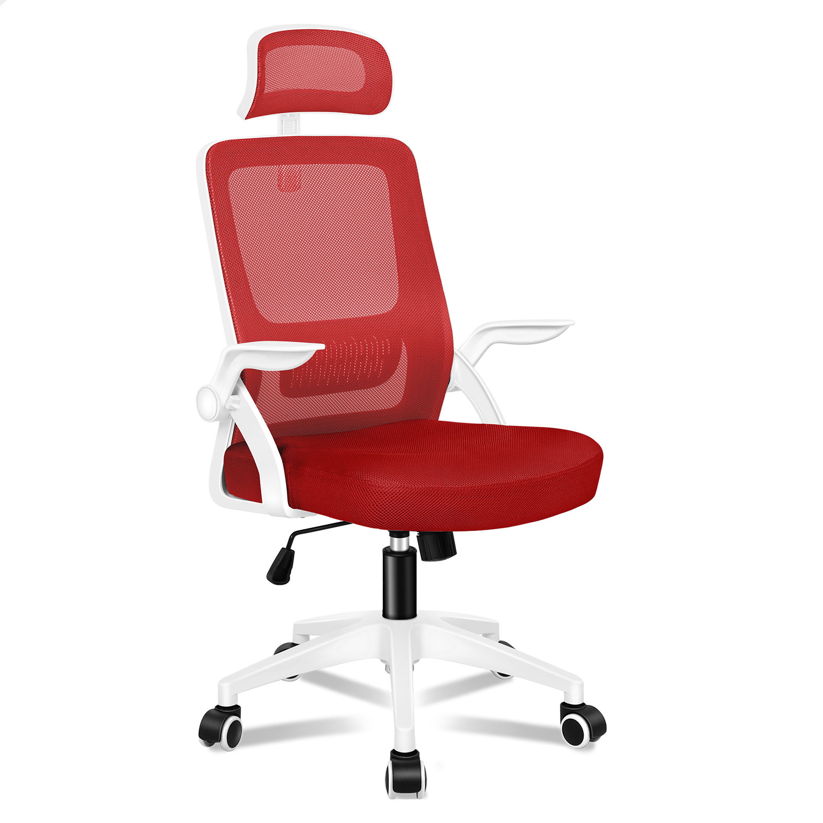 Silla de oficina roja con marco blanco y reposacabezas, con ruedas.