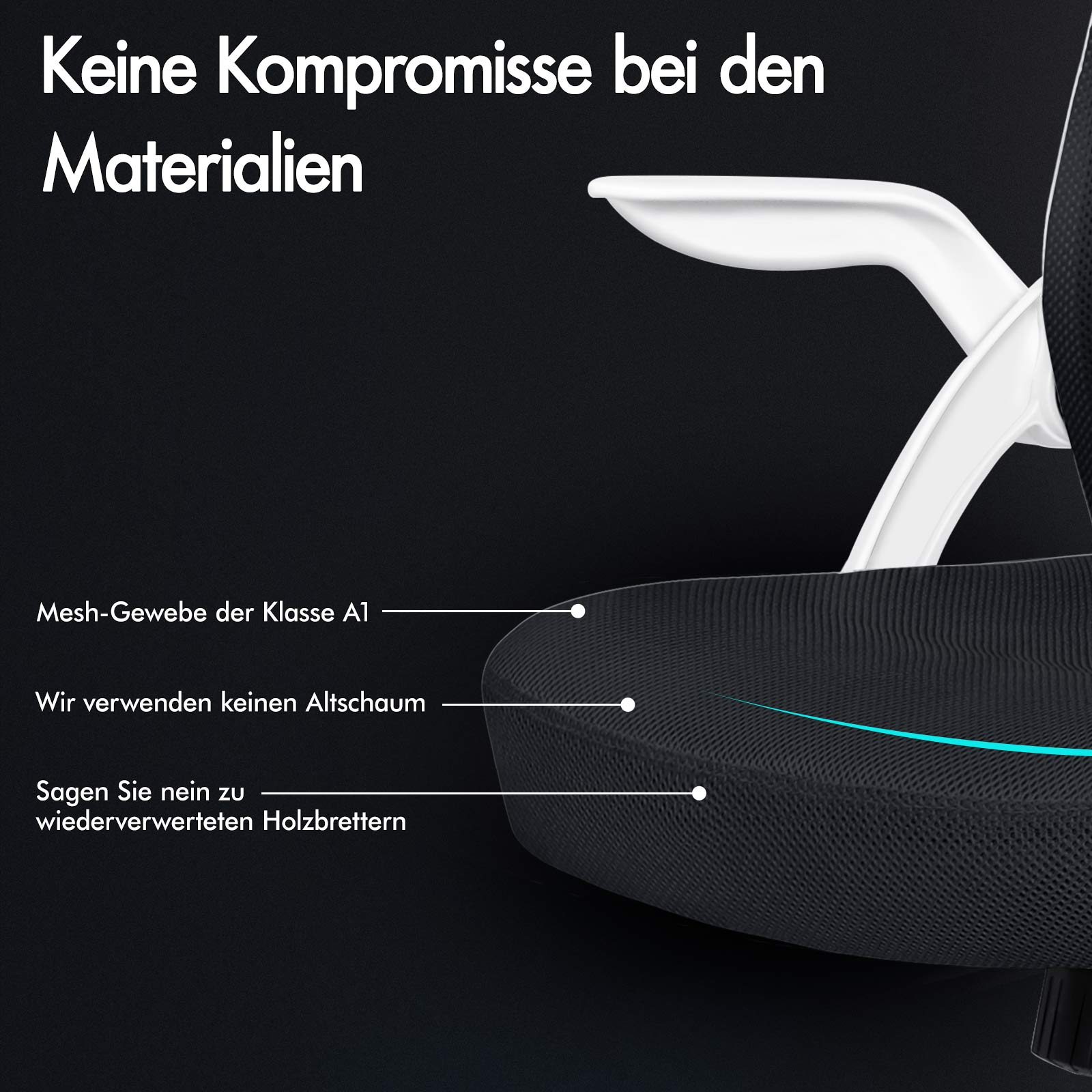Nahaufnahme eines Bürostuhlkissens mit Text-Overlays, die auf Materialien hinweisen.