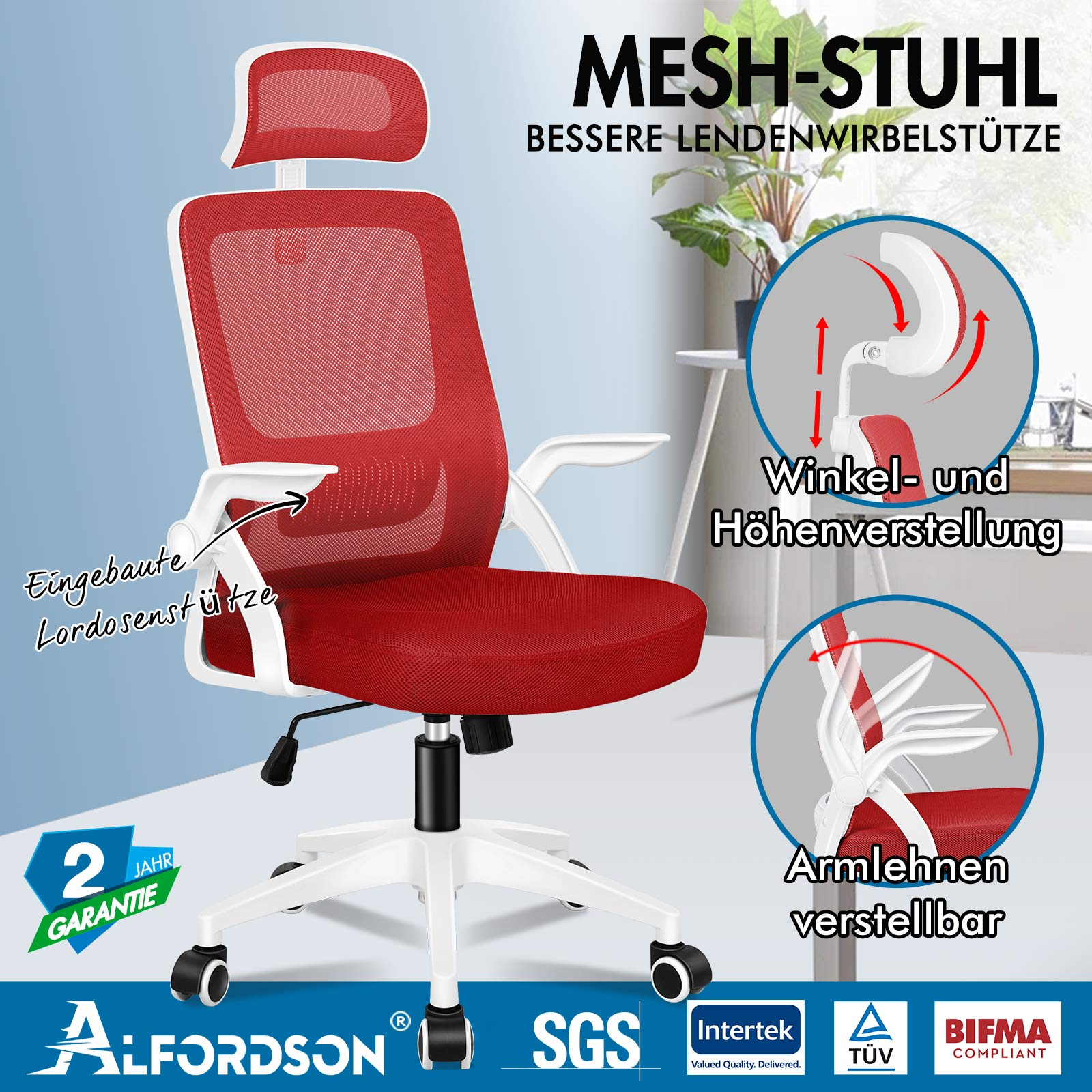 Silla de oficina roja de malla con reposabrazos y soporte lumbar.