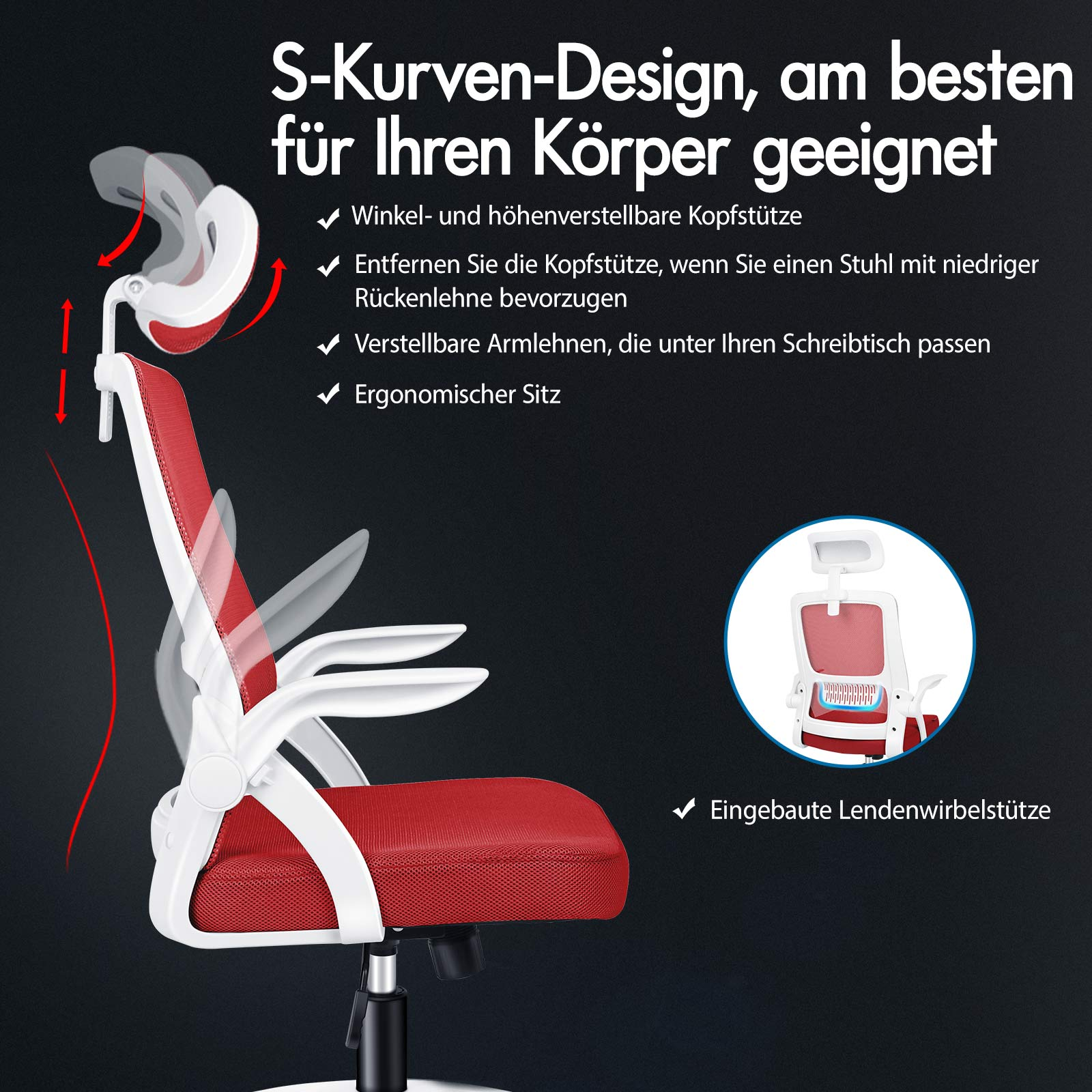 Una silla de oficina ergonómica roja y blanca con diseño de curva S.