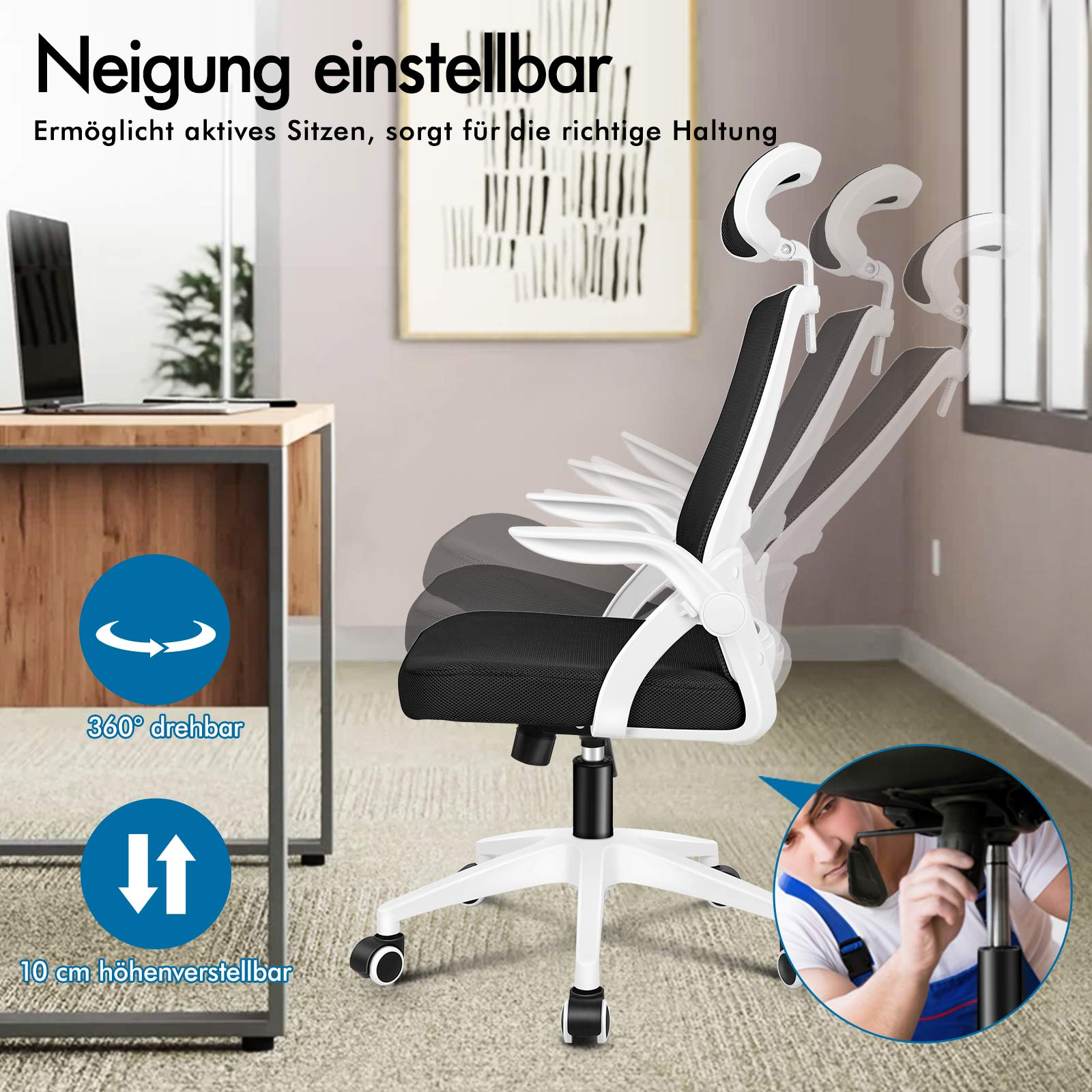 Schwarzer Bürostuhl mit weißem Gestell, höhen- und neigungsverstellbar.