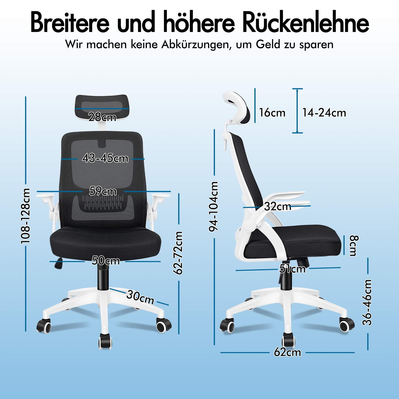 Zwei Bürostühle mit Maßen. Einer ist schwarz, der andere schwarz-weiß.