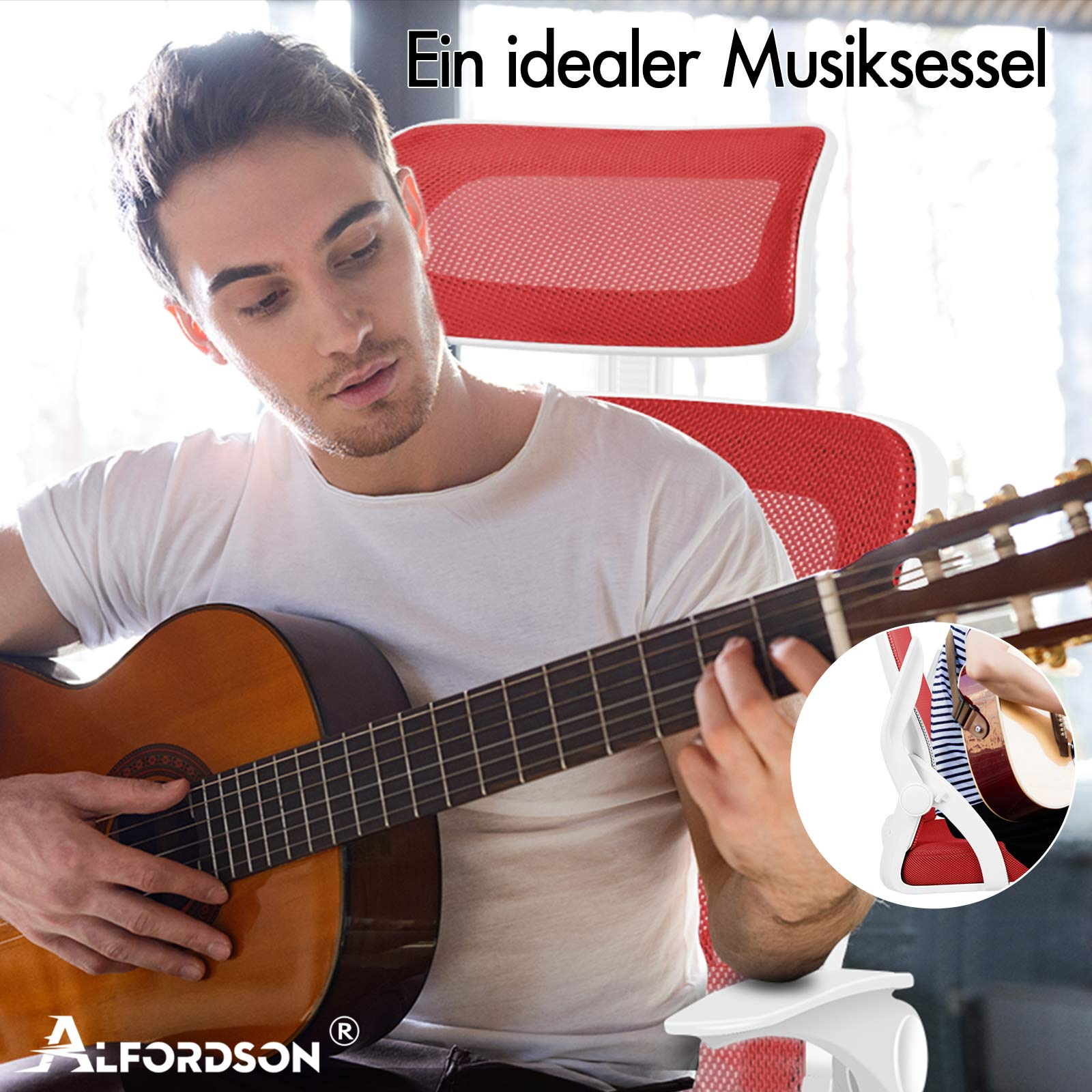 Mann spielt Gitarre auf rotem Bürostuhl