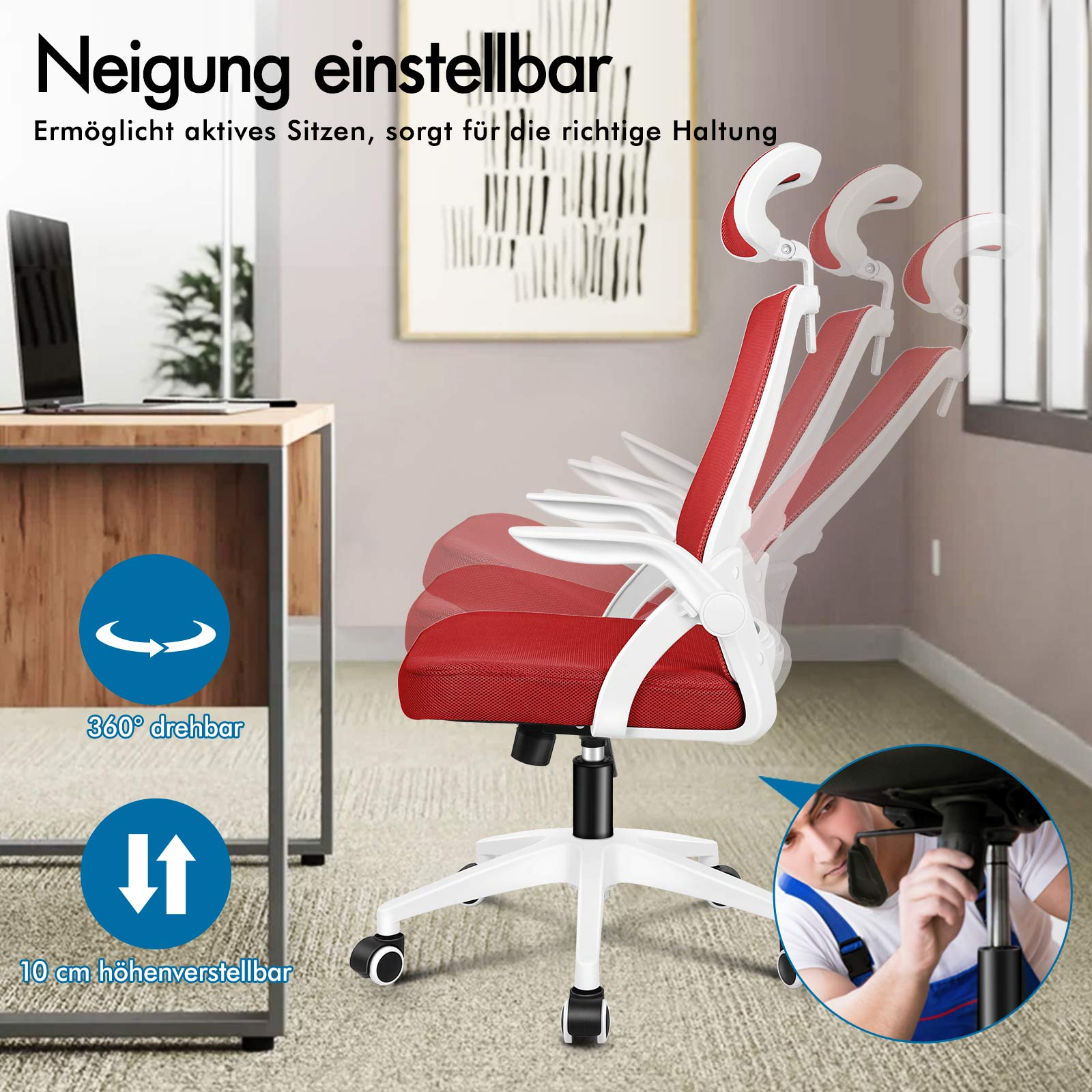 Silla de oficina roja con inclinación ajustable, giratoria 360° y altura regulable 10cm.