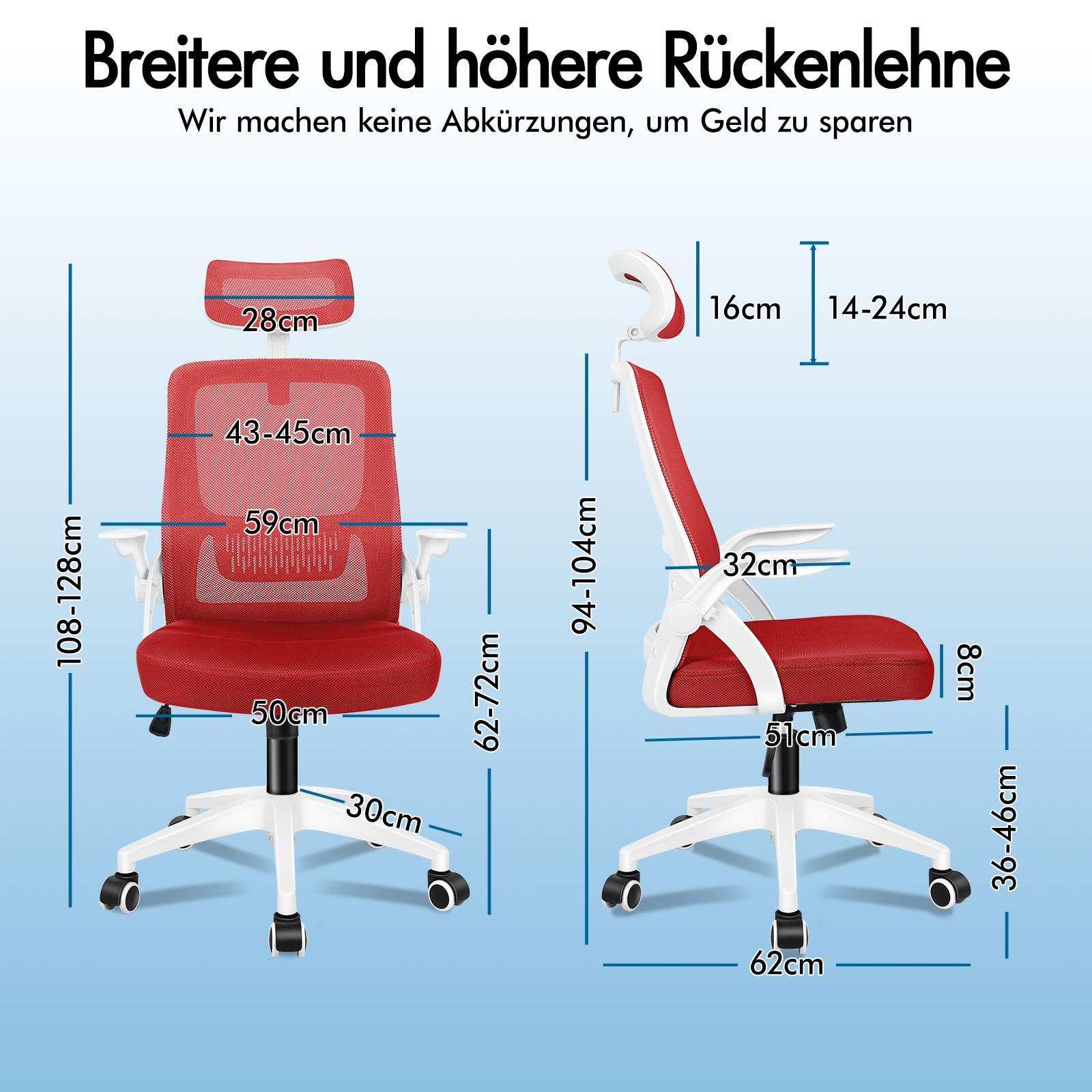 Silla de oficina roja con dimensiones y opciones de ajuste.