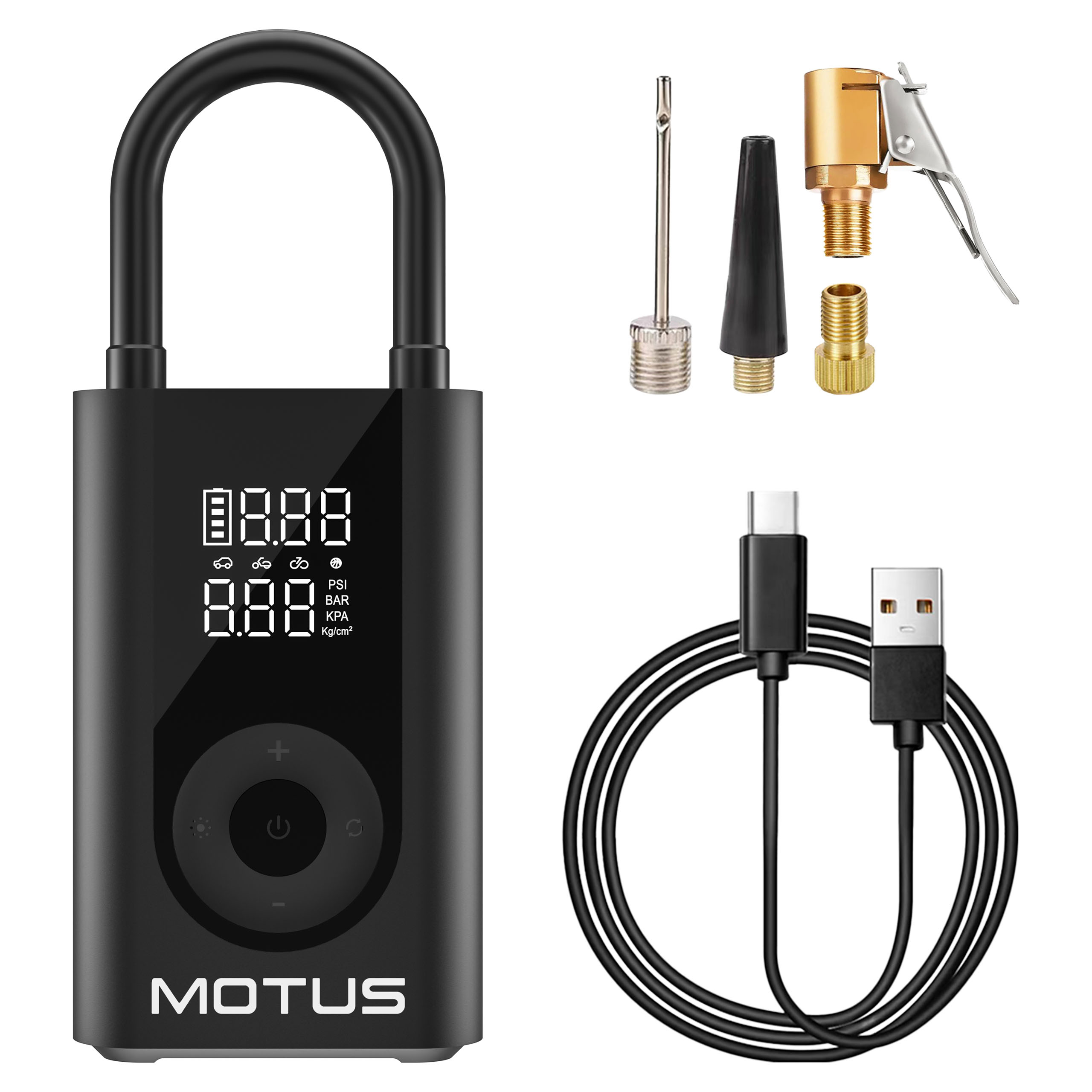 Czarna cyfrowa pompka do opon z akcesoriami: kabel USB, adaptery zaworów.