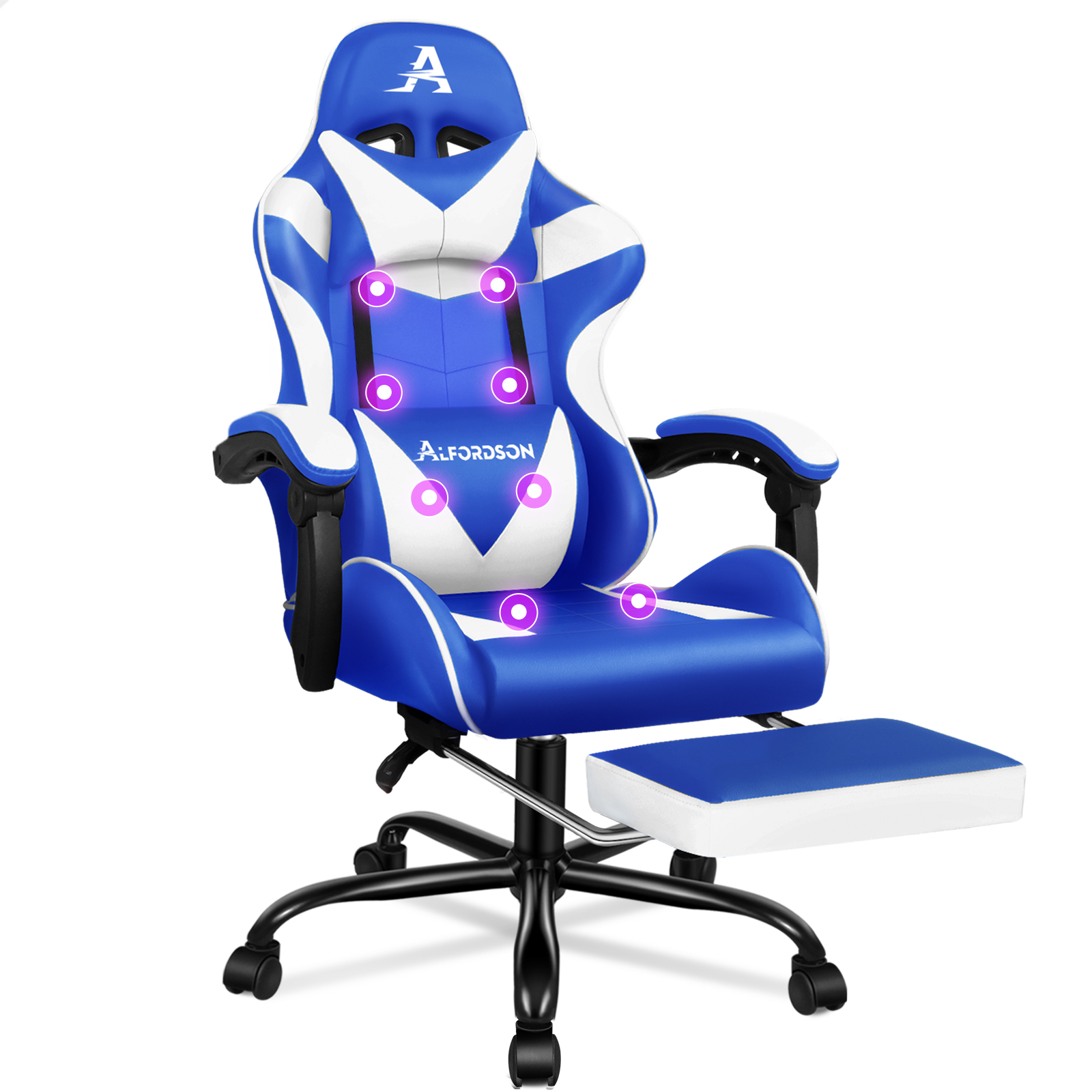Ein blauer und weißer Gaming-Stuhl mit ausziehbarer Fußstütze und violetten Massagepunkten.