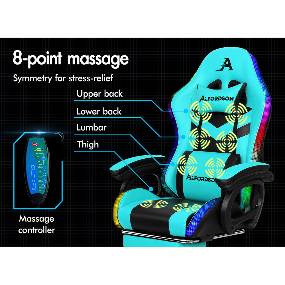 Ein blauer Massagesessel mit RGB-Beleuchtung und Fernbedienung.