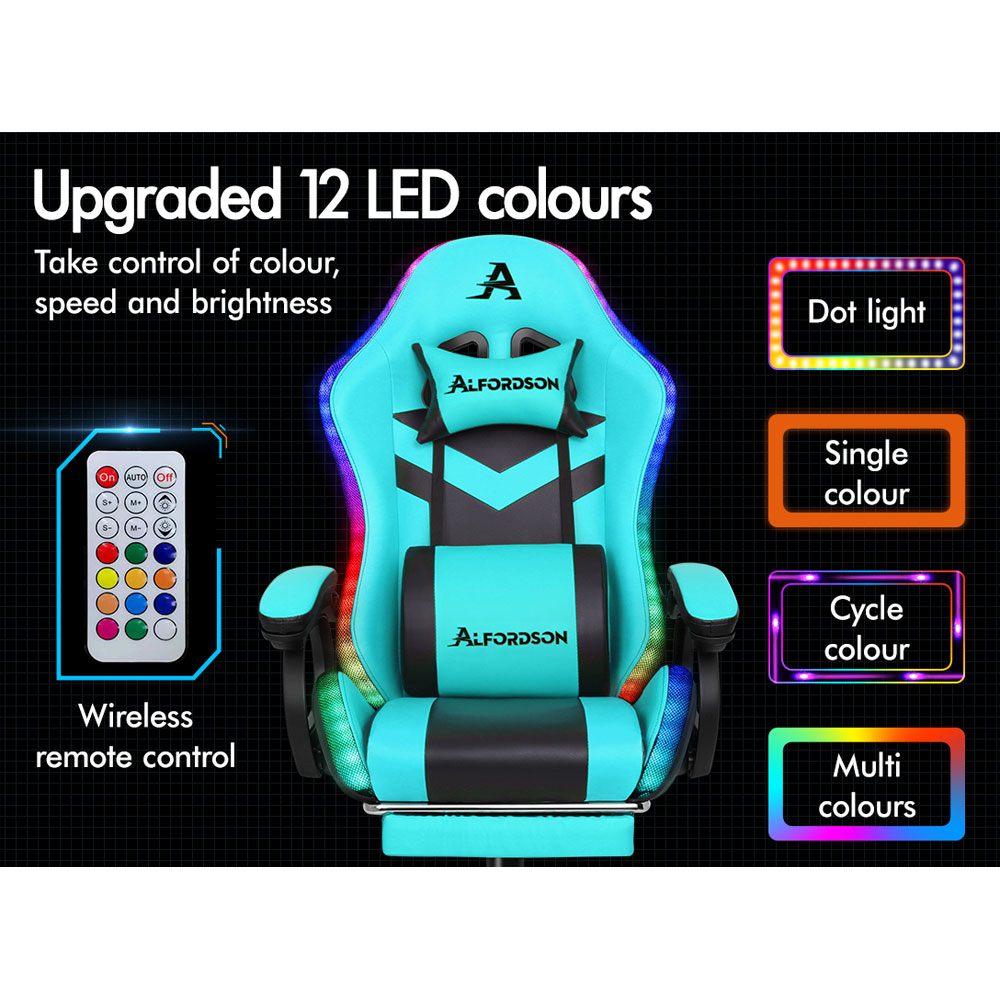 Ein türkisfarbener Gaming-Stuhl mit LED-Beleuchtung und Fernbedienung.