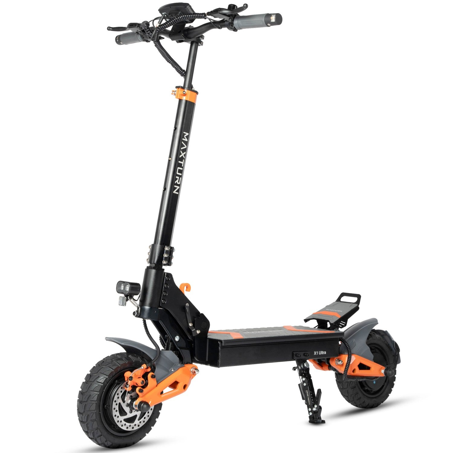 Monopattino elettrico nero con accenti arancioni e ruote grandi.