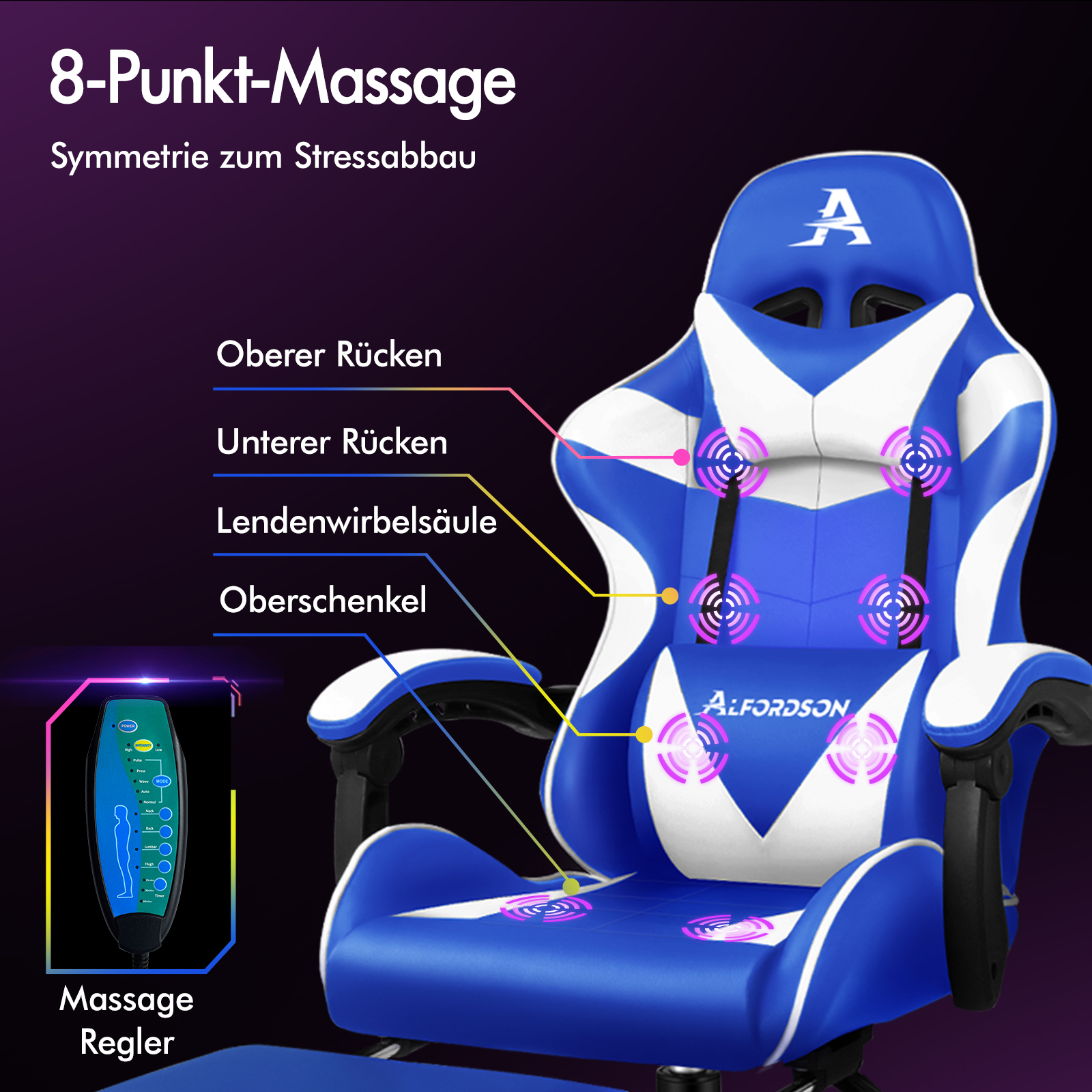 Blaue Massagesessel mit weißen Akzenten und acht Vibrationspunkten. Mit Fernbedienung.