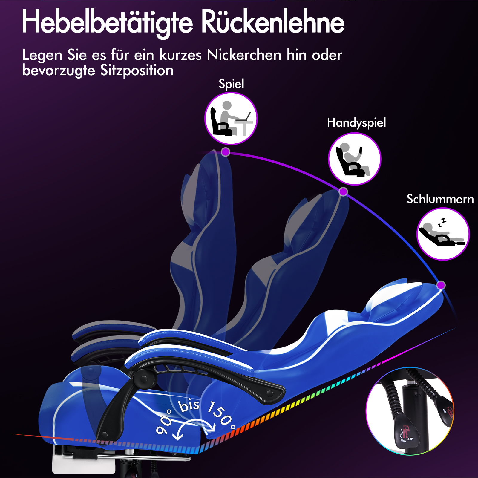 Blauer Gaming-Stuhl mit verstellbarer Rückenlehne, von 90° bis 150°.