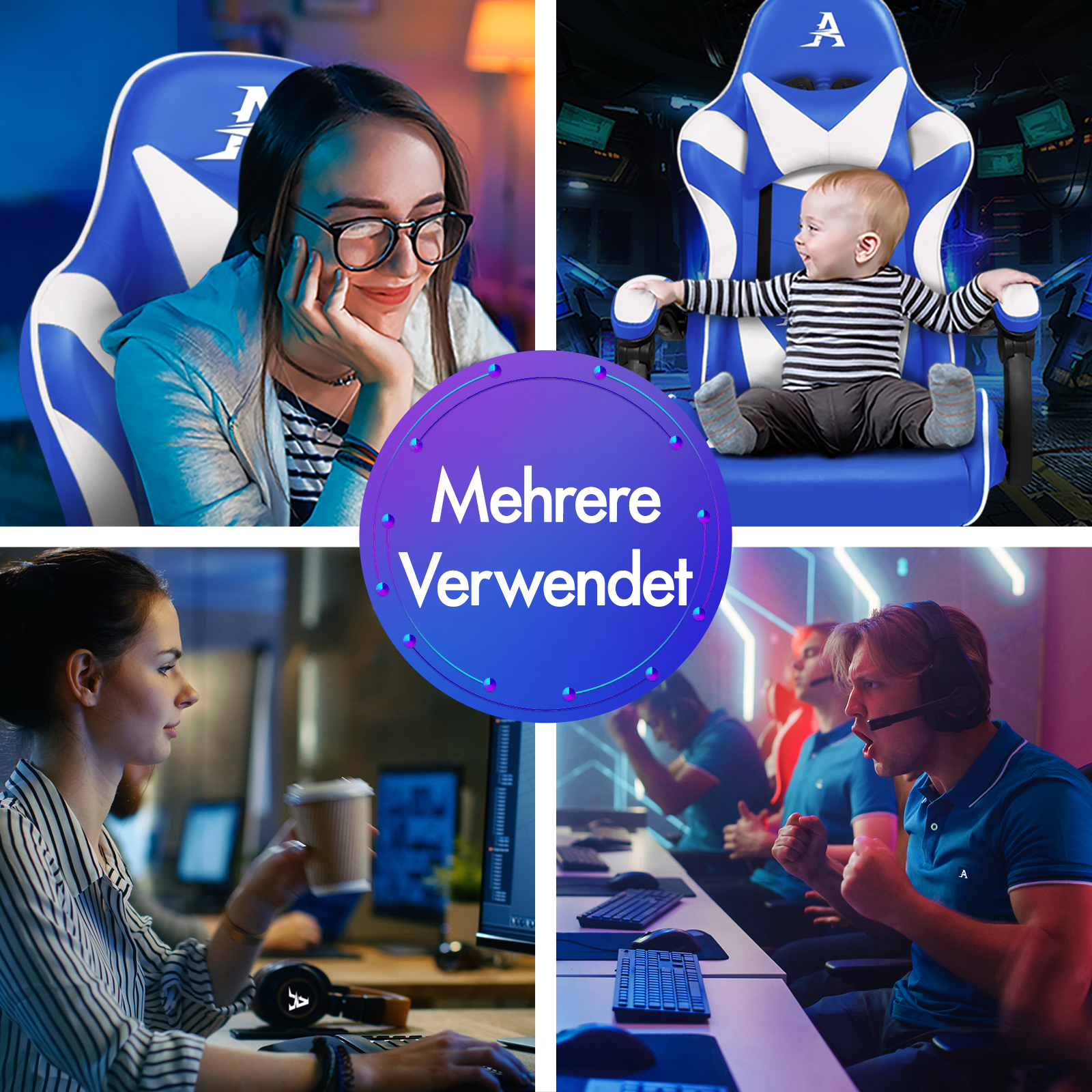 Vier Szenen: Frau im Gaming-Stuhl, Baby im Stuhl, Frau am PC, Gamer jubeln.