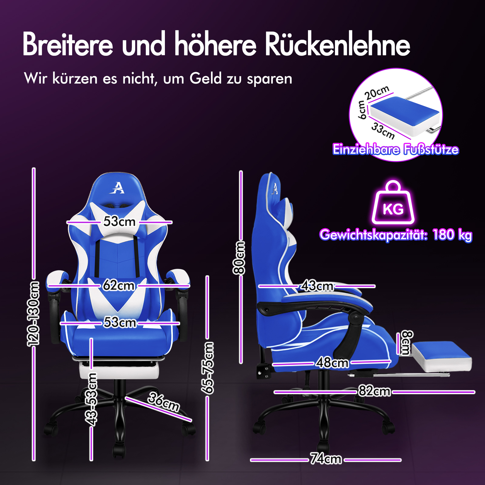 Blauer Gaming-Stuhl mit Maßen und ausziehbarer Fußstütze. Bis 180 kg belastbar.
