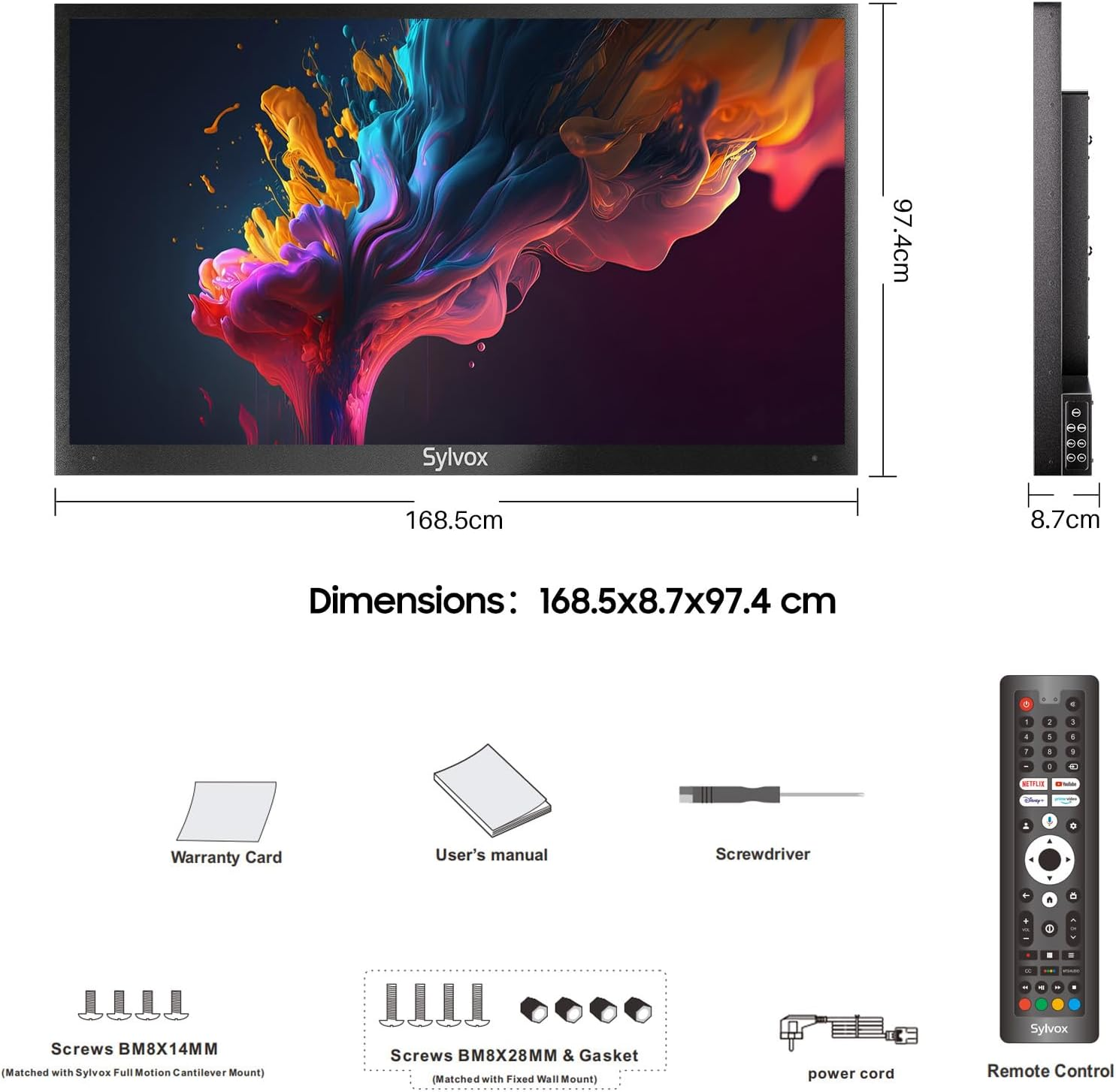 Ein Sylvox Fernseher mit bunten abstraktem Bild, Maße und Zubehör.
