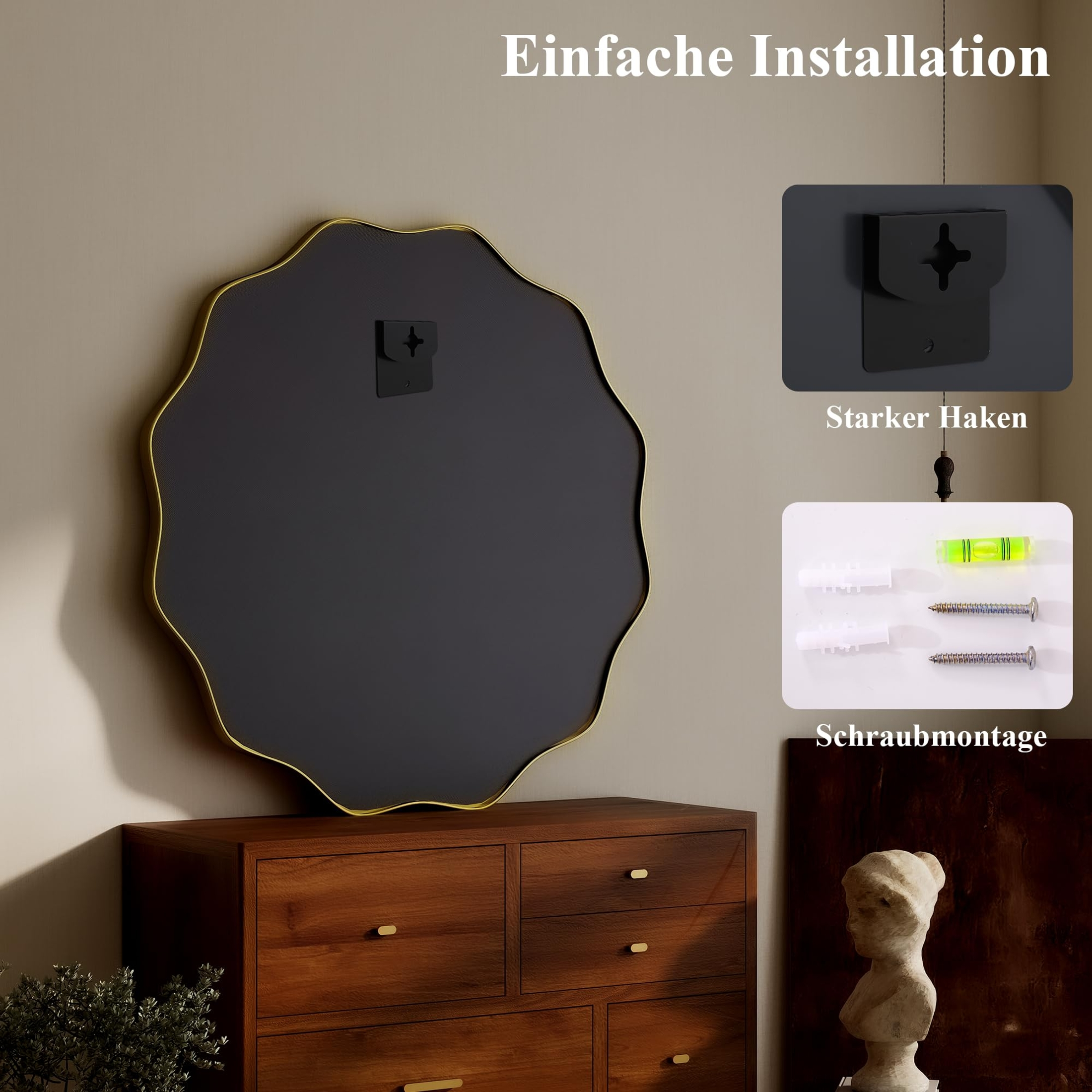Ein Wellenspiegel mit goldenem Rand hängt über einer Holzkommode. Befestigungsmaterial ist sichtbar.