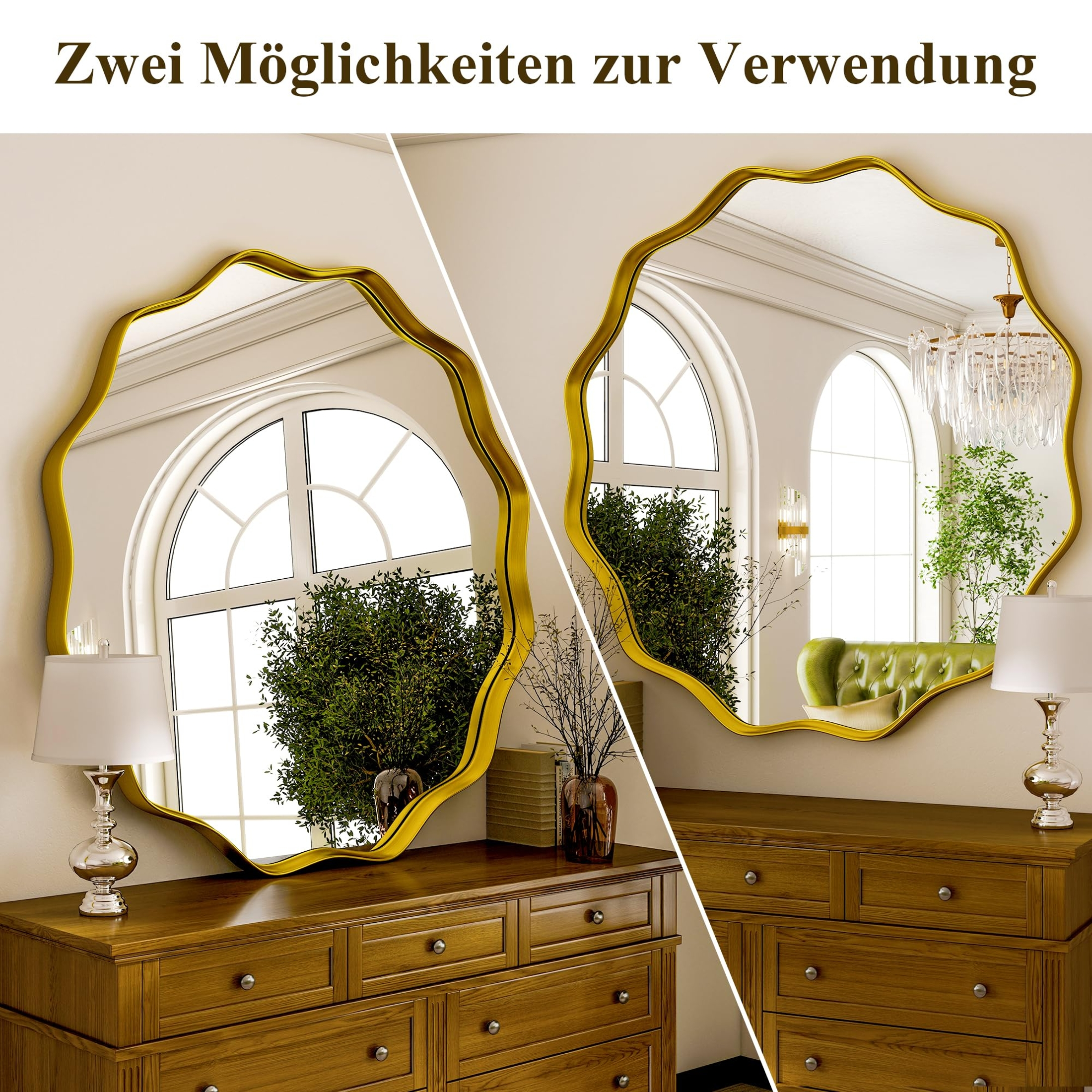 Goldgerahmter Spiegel über einer Holzkommode mit Lampen und Pflanzen.