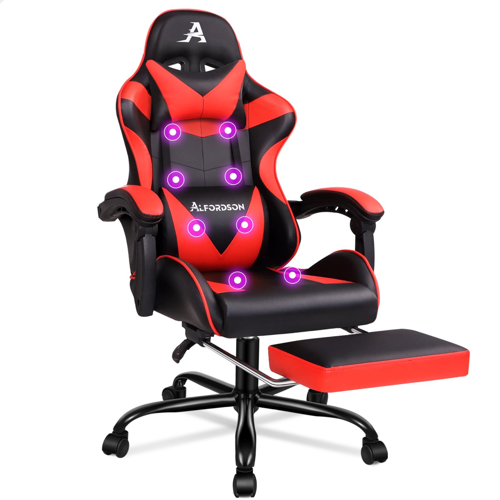 Ein roter und schwarzer Gaming-Stuhl mit ausziehbarer Fußstütze und leuchtenden violetten Punkten.