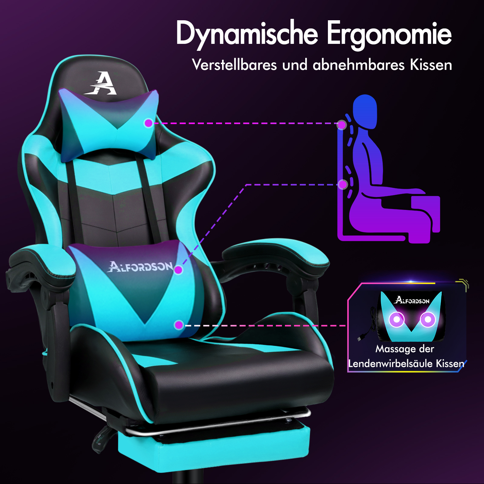 Ergonomischer Gaming-Stuhl in Schwarz und Türkis mit verstellbaren Kissen.