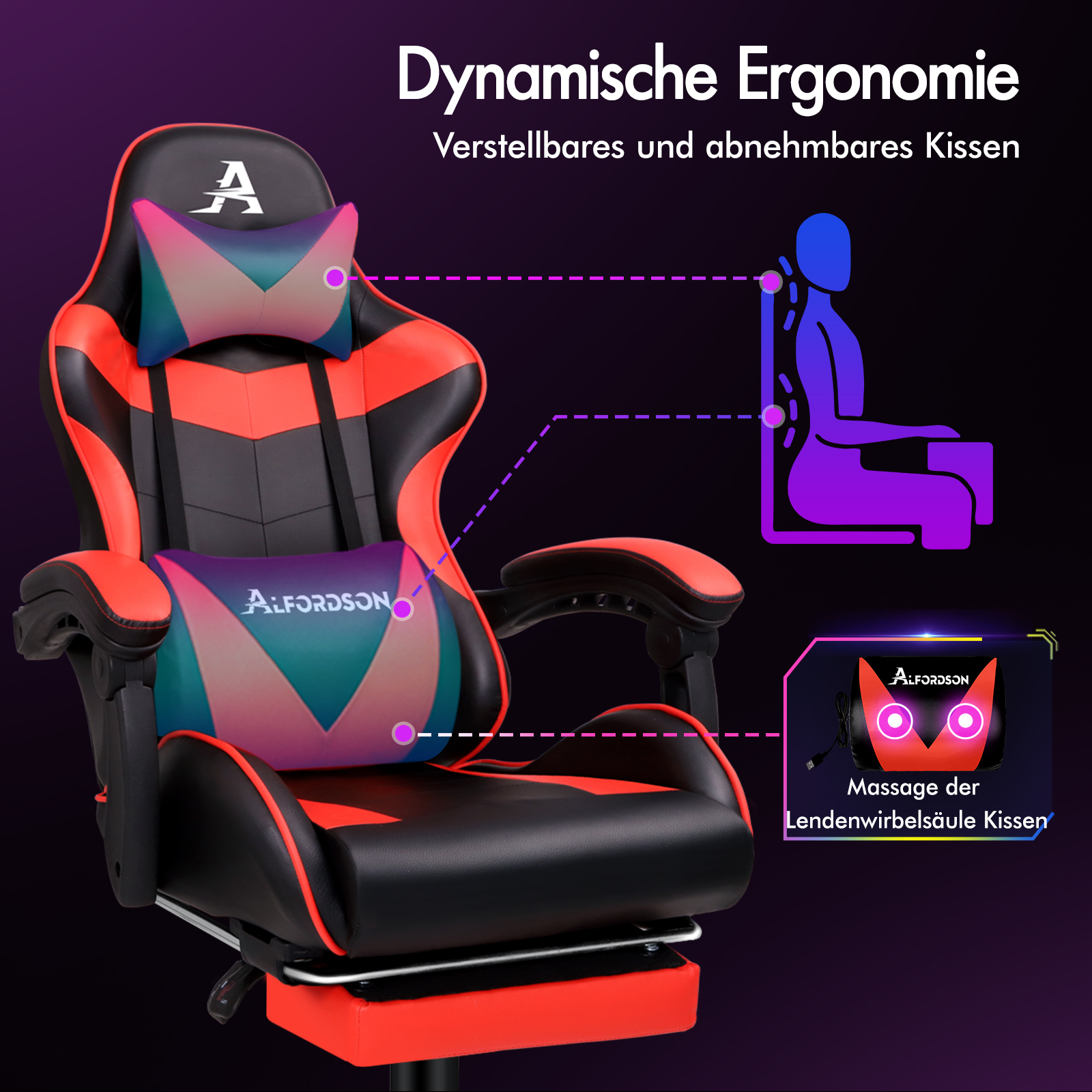 Ein roter und schwarzer Gaming-Stuhl mit verstellbaren Kissen und Massagefunktion.