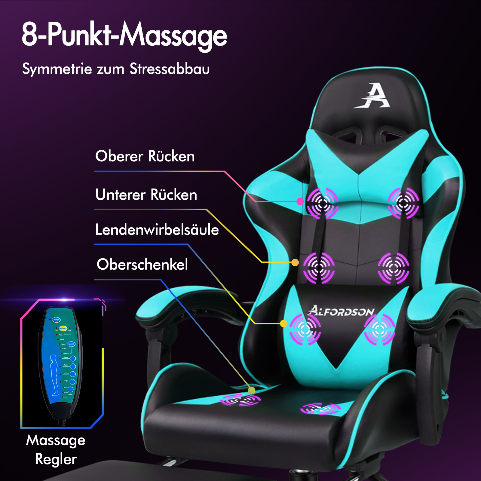 Schwarzer und türkiser Massagesessel mit 8 Massagepunkten und Fernbedienung.