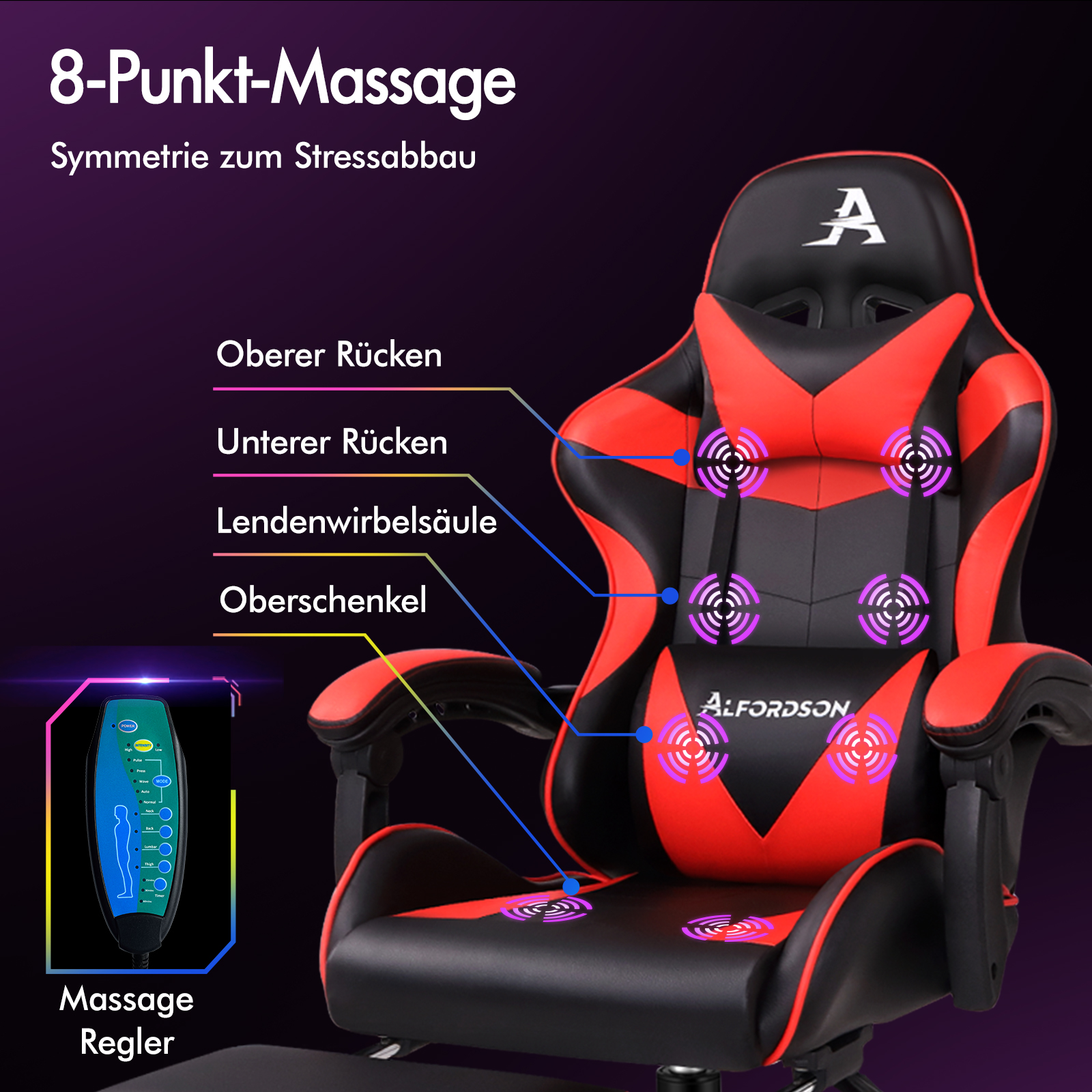 Ein roter und schwarzer Massagesessel mit 8 Punkten und Fernbedienung.