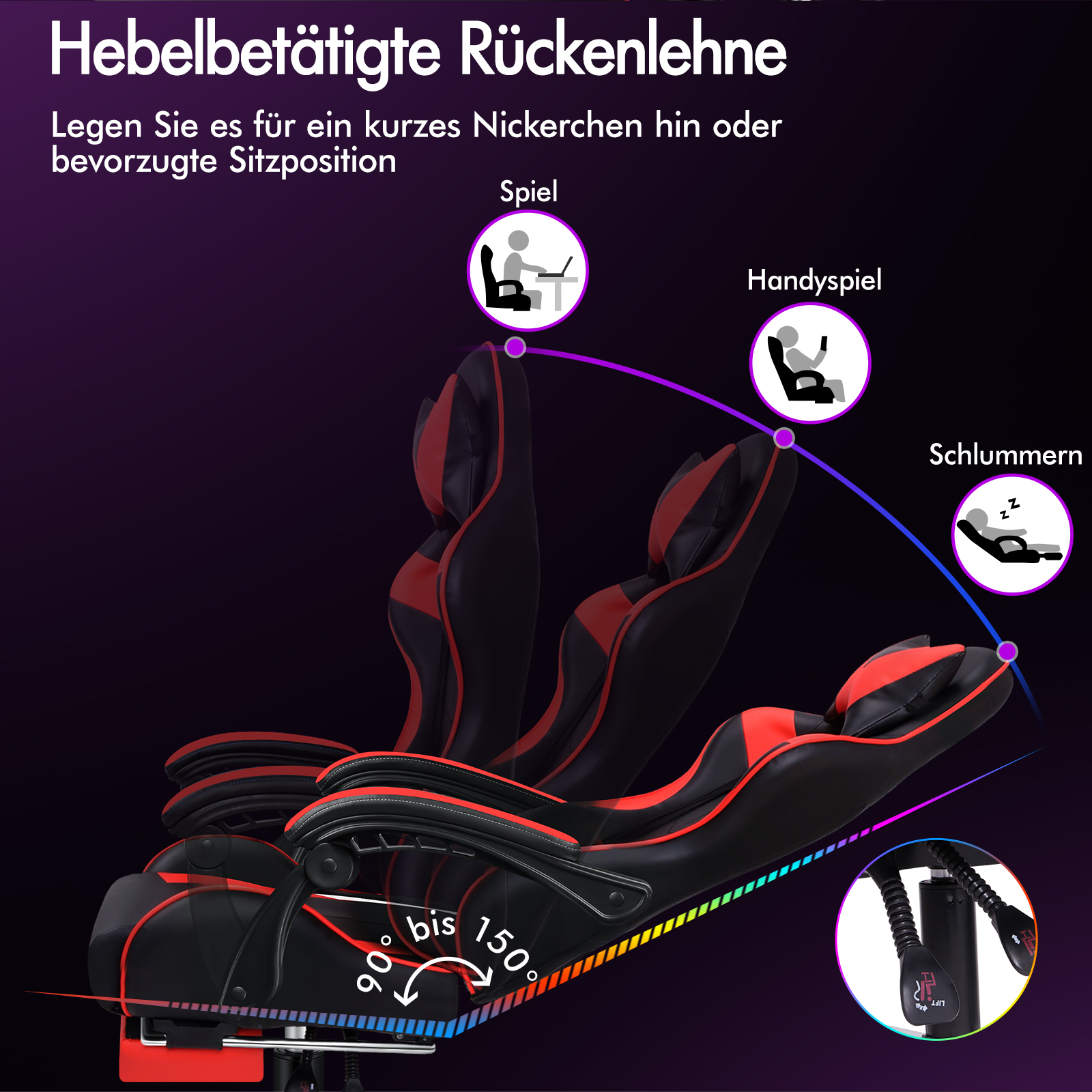 Ein schwarzer und roter Gaming-Stuhl mit verstellbarer Rückenlehne, die sich von 90 bis 150 Grad neigen lässt.