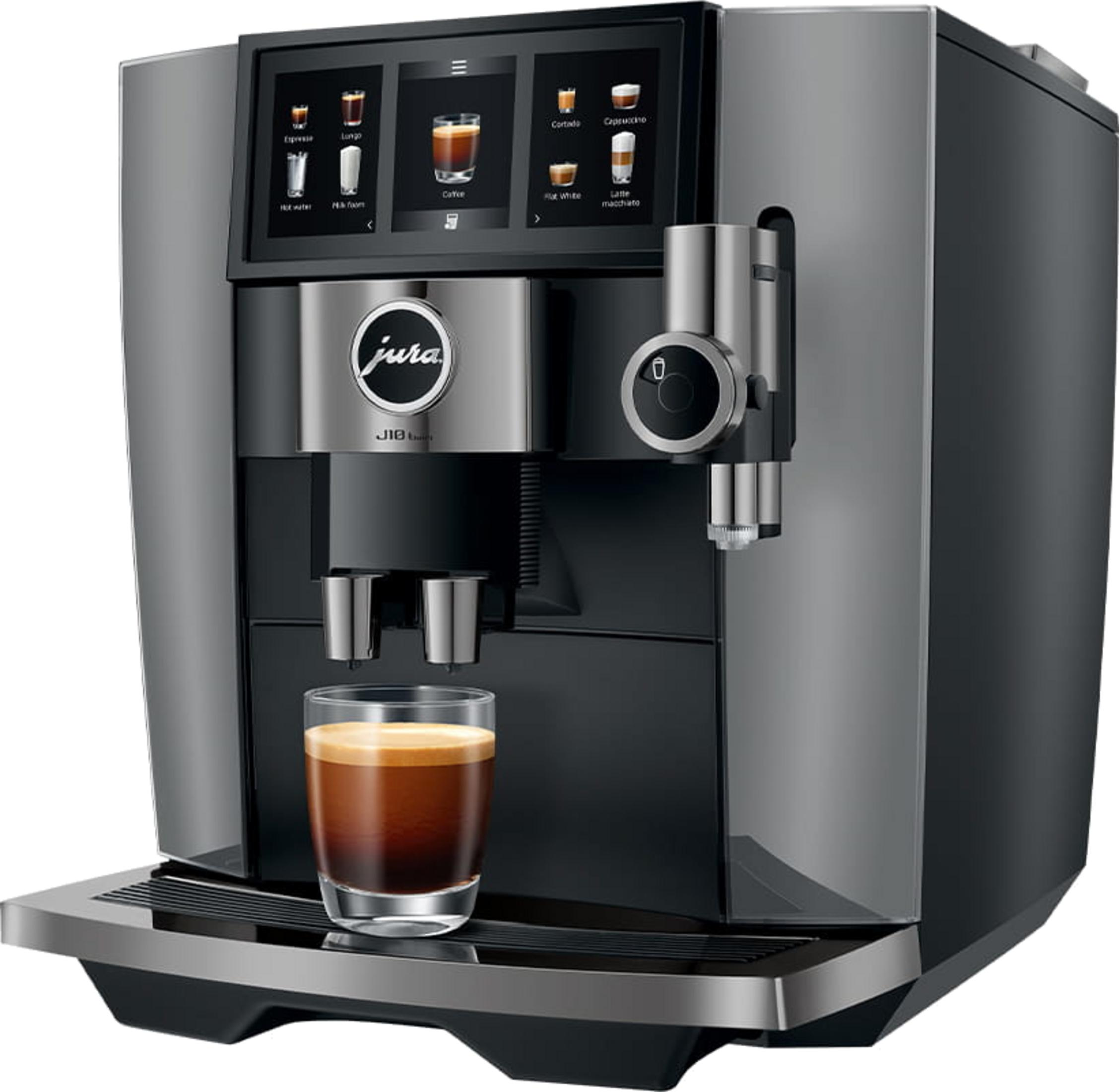 Szara ekspres do kawy z szklanką i espresso. Ekran dotykowy pokazuje wybór napojów.