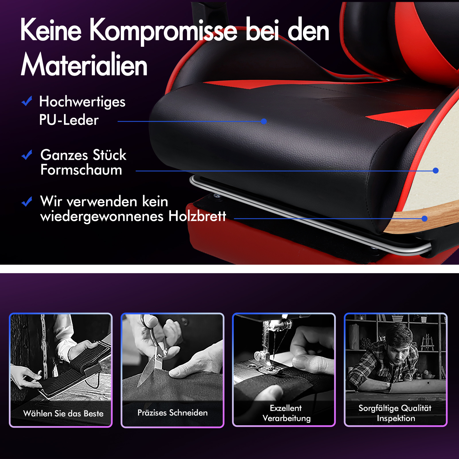 Ein Gamingstuhl mit rotem und schwarzem PU-Leder, Schaumstoff und Holzdetails. Unten vier Bilder: Materialauswahl, Schneiden, Nähen, Inspektion.