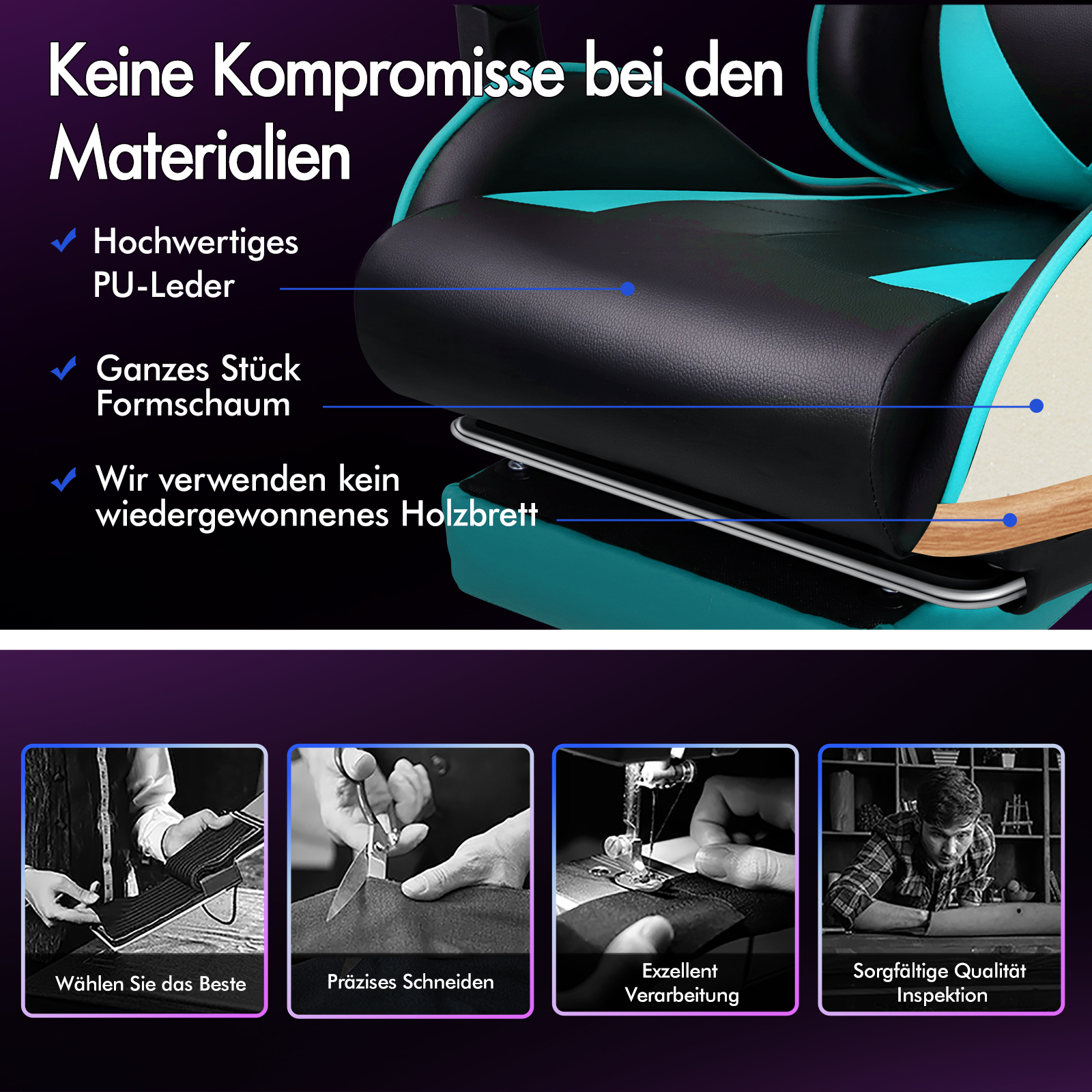 Gamingstuhl mit Details: Hochwertiges PU-Leder, Formschaum, Nähen, Inspektion.