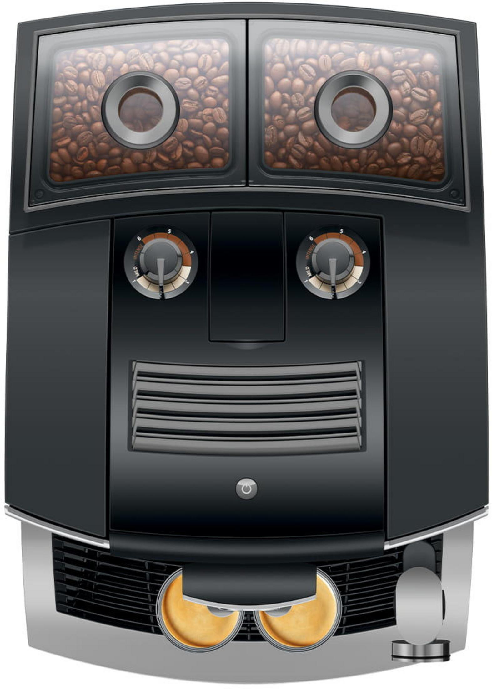 Ekspres do kawy z dwoma pojemnikami na ziarna, pokrętłami i dwoma wylotami espresso.