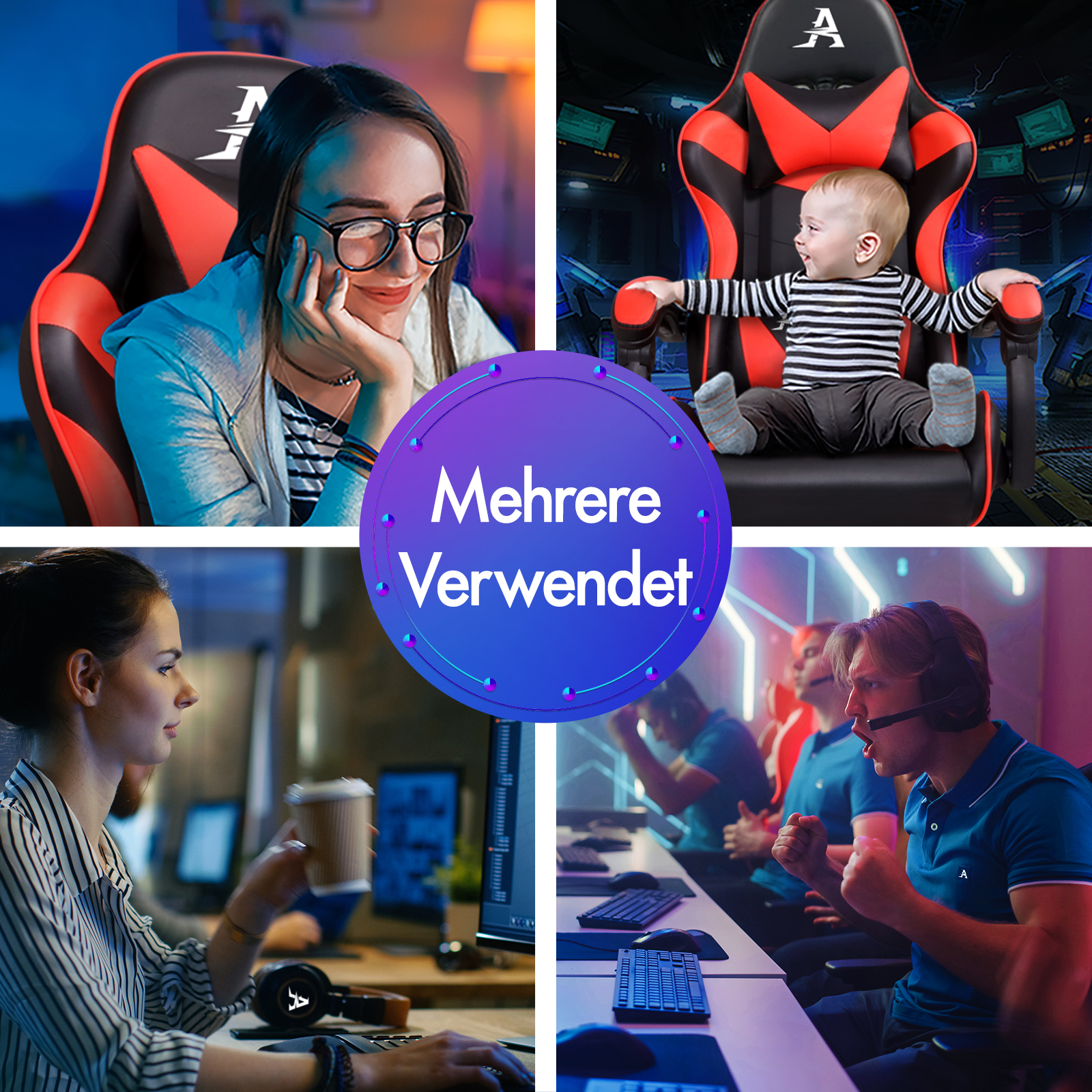 Vier Szenen: Frau im Gaming-Stuhl, Baby im Stuhl, Frau am PC, Gamer jubeln.