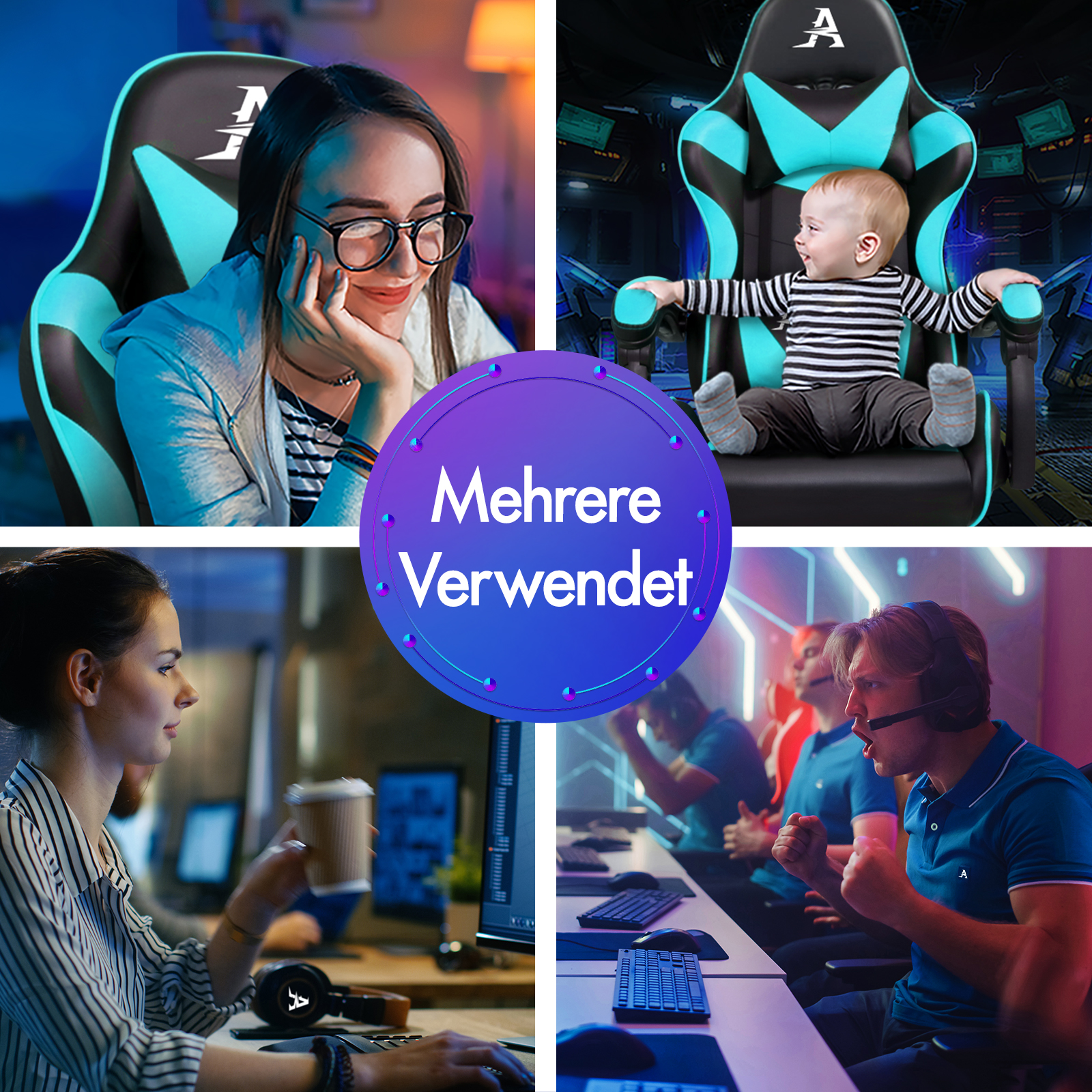 Collage zeigt vier Szenen: Frau im Gaming-Stuhl, Baby im Stuhl, Frau am PC, Männer beim E-Sport.