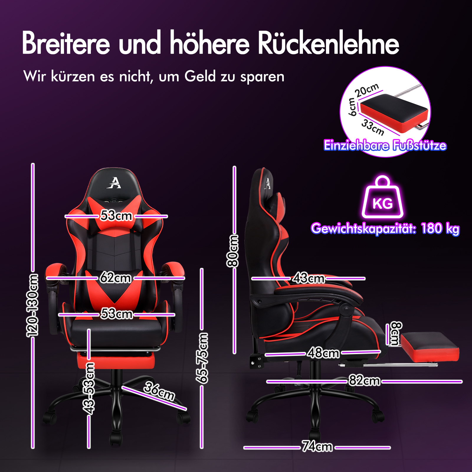 Ein roter und schwarzer Gaming-Stuhl mit Maßen und ausziehbarer Fußstütze.