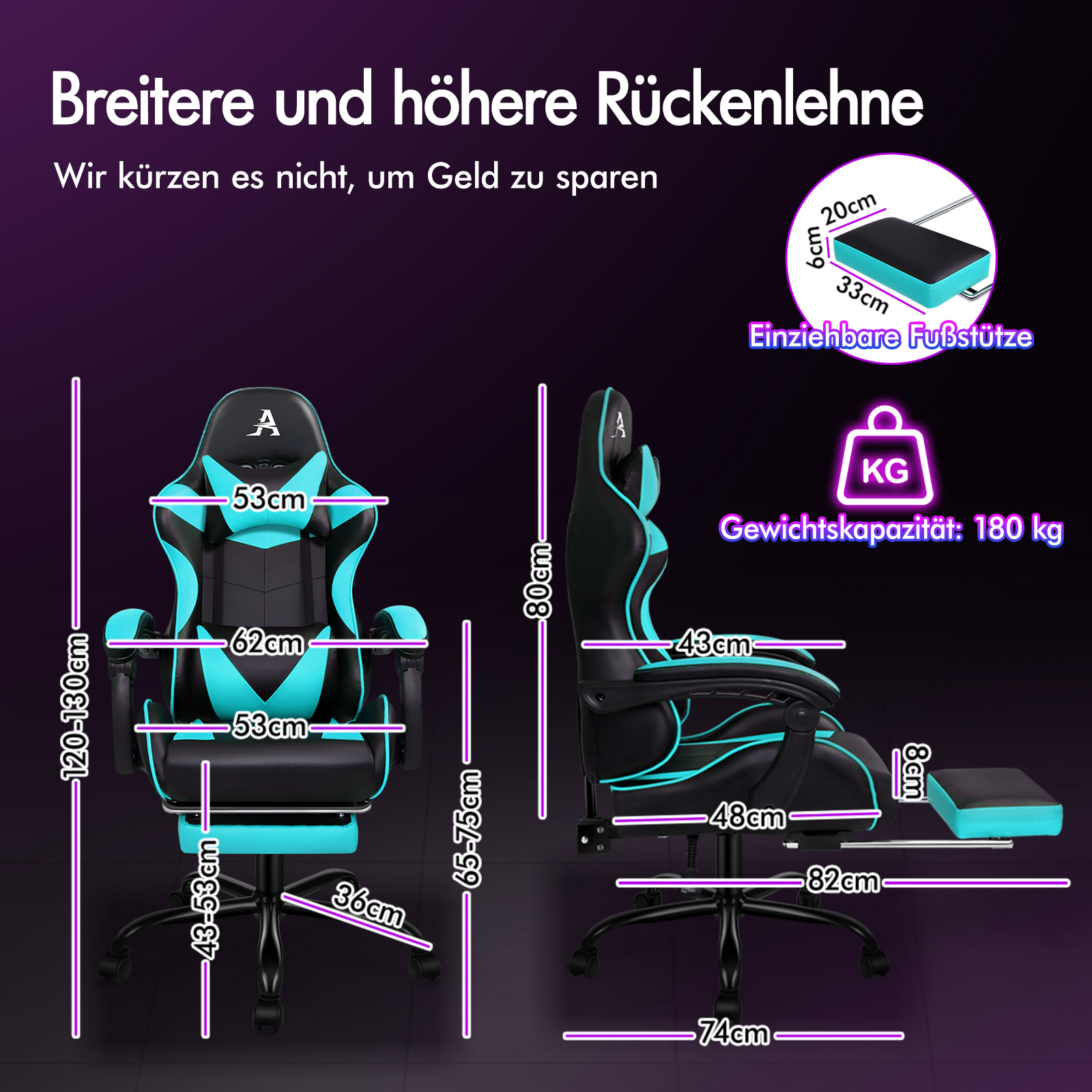 Gaming Stuhl mit Maßen und ausziehbarer Fußstütze. Belastbar bis 180 kg.