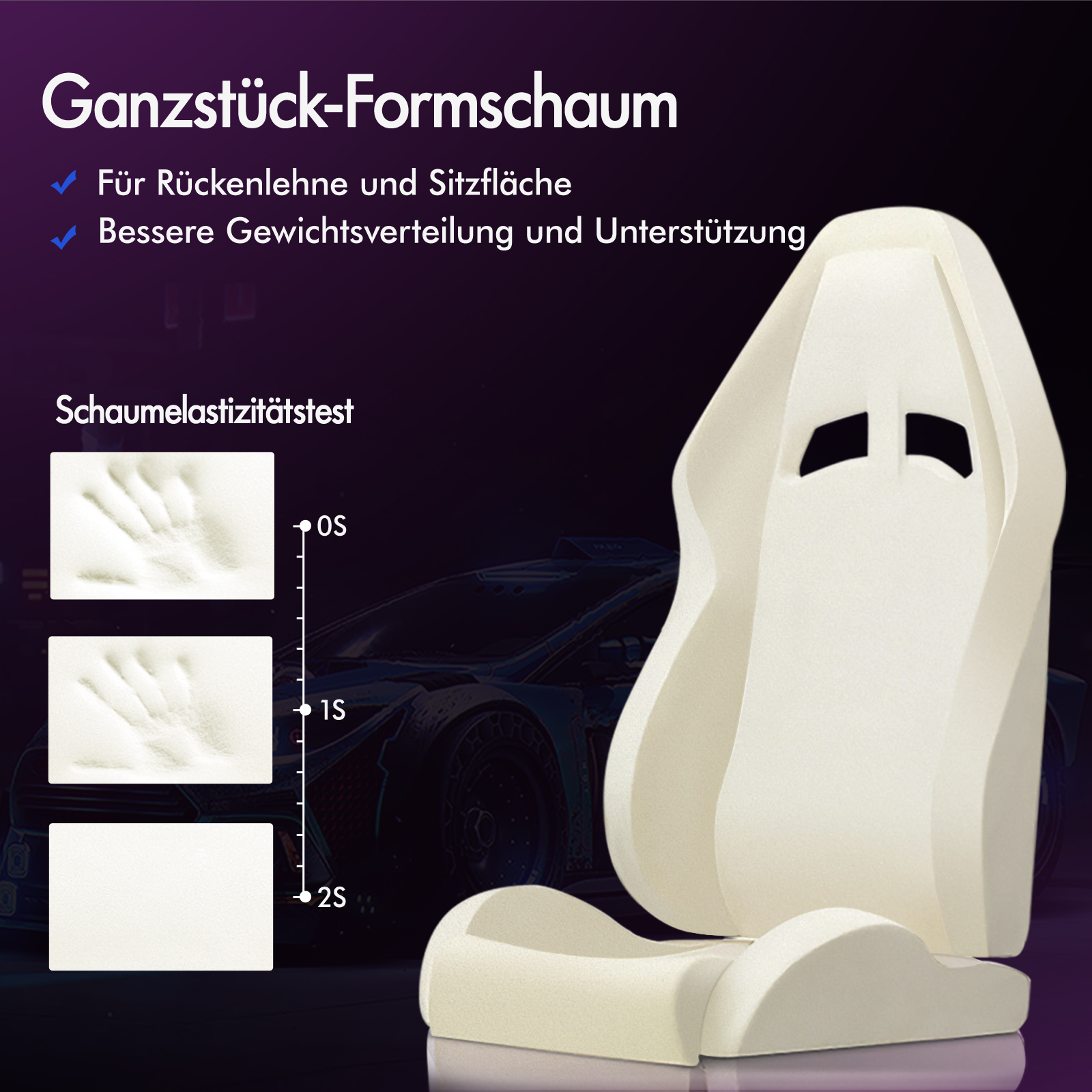 Weißer Schaumstoff-Autositz-Prototyp mit Schaumelastizitätstest-Diagramm.