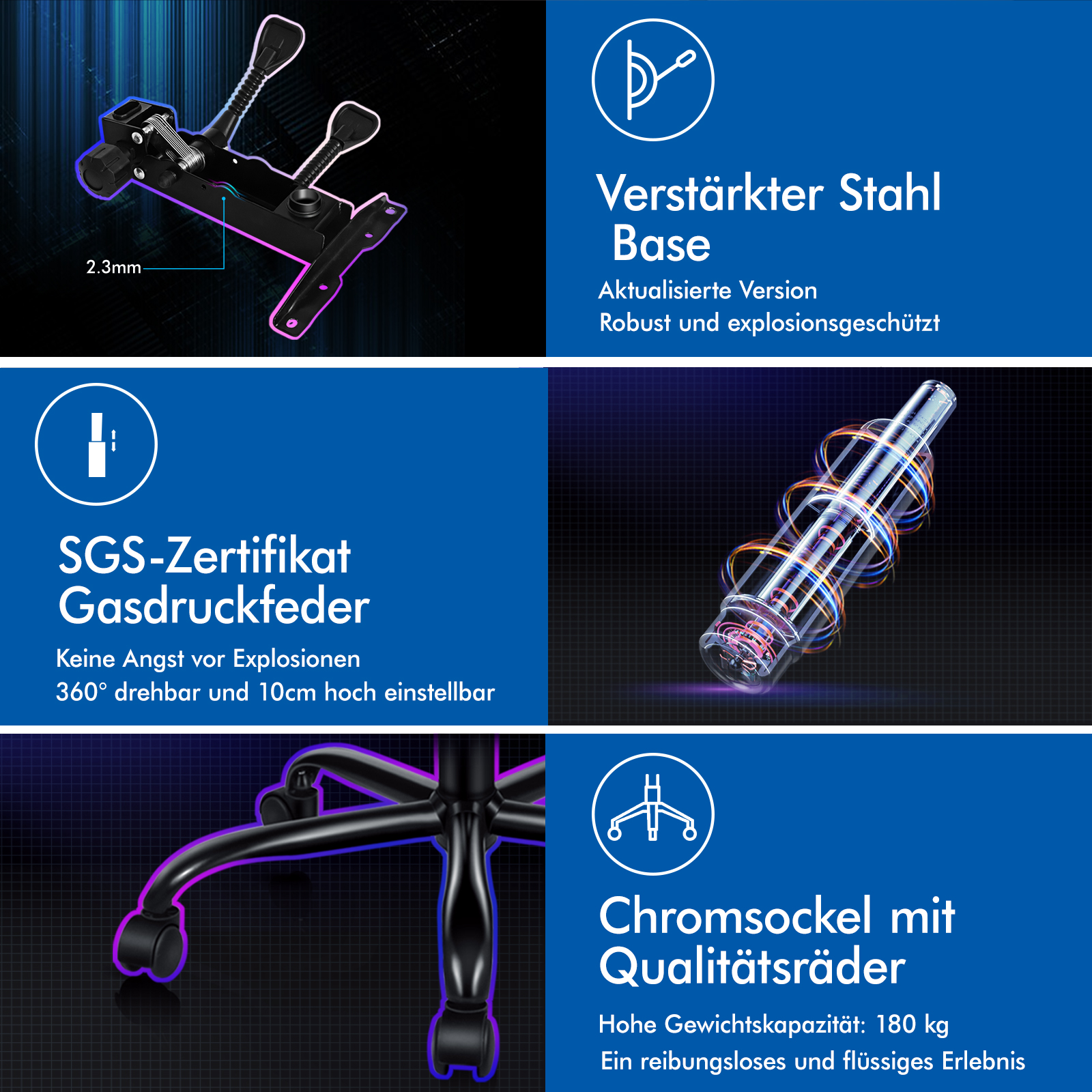 Stuhlkomponenten: verstärkte Basis, SGS-Gasdruckfeder, Chromsockel mit Rädern.