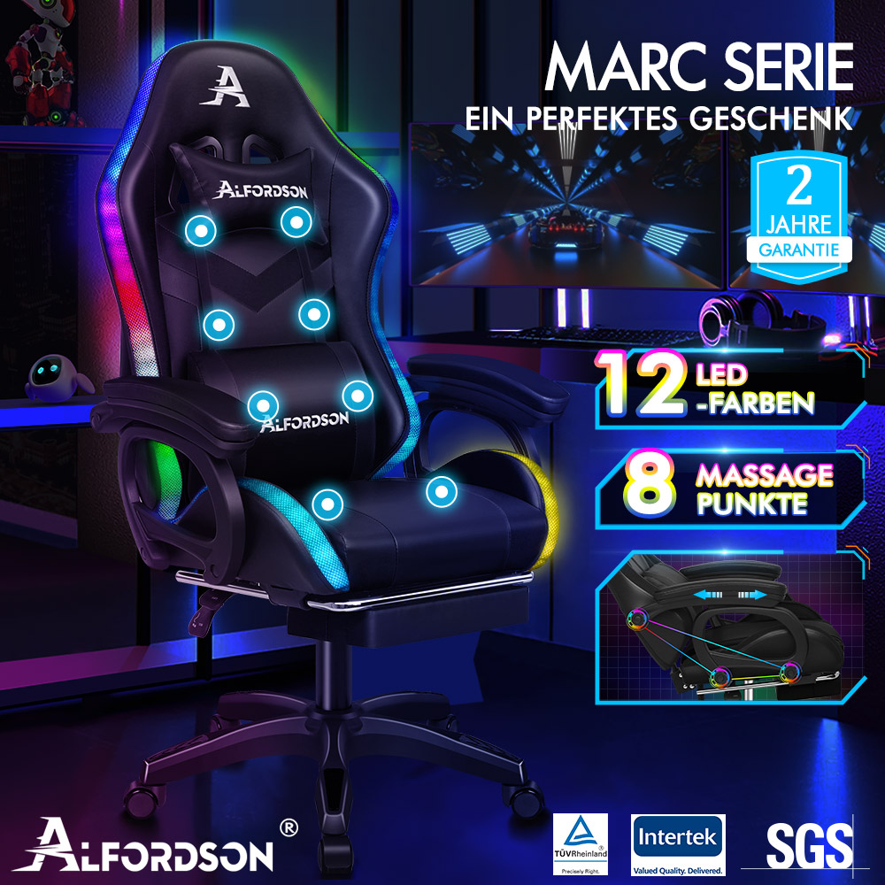Schwarzer Gamingstuhl mit bunten LEDs, Fußstütze und Massagepunkten.