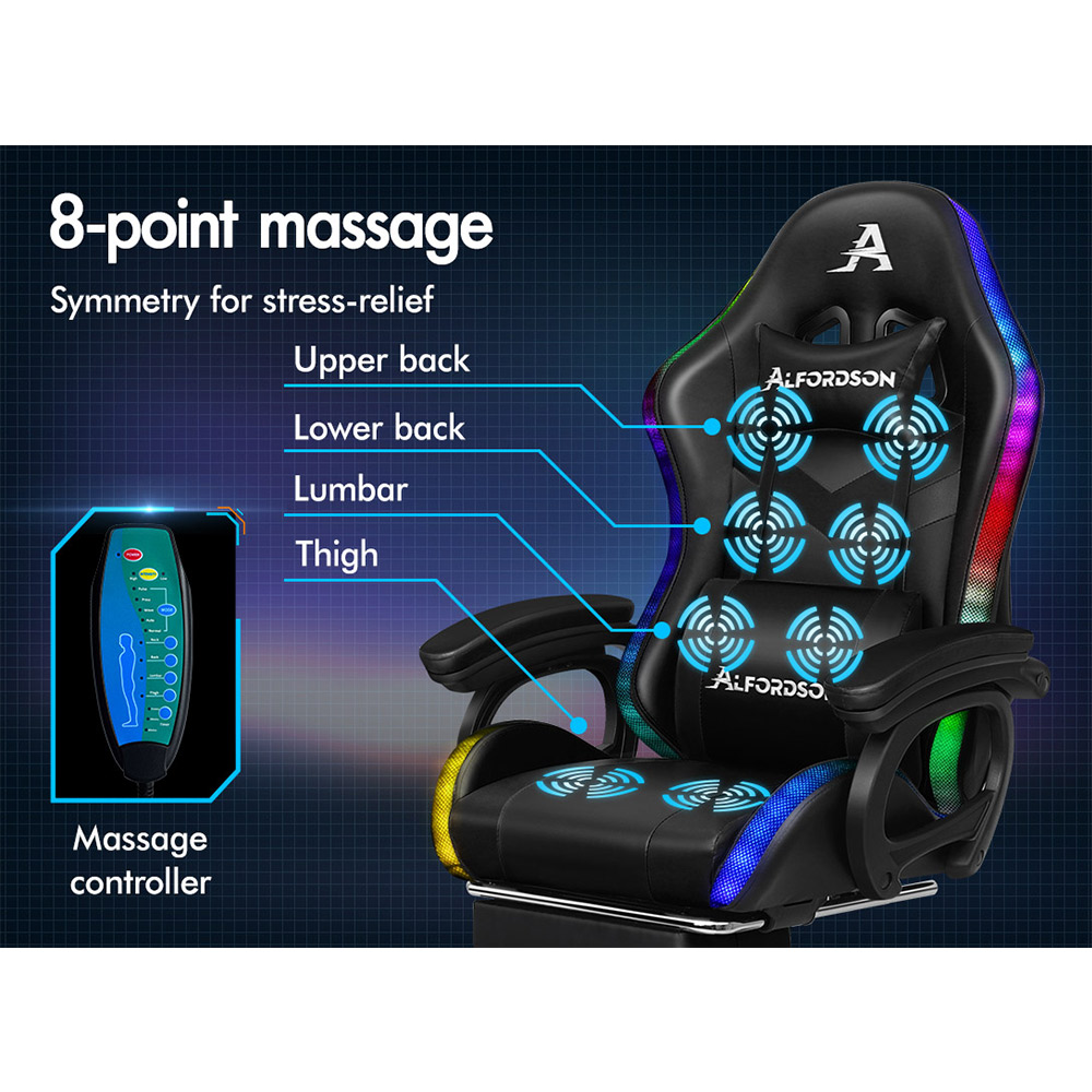 Ein schwarzer Gaming-Stuhl mit 8 Massagezonen und RGB-Beleuchtung. Ein Controller ist gezeigt.