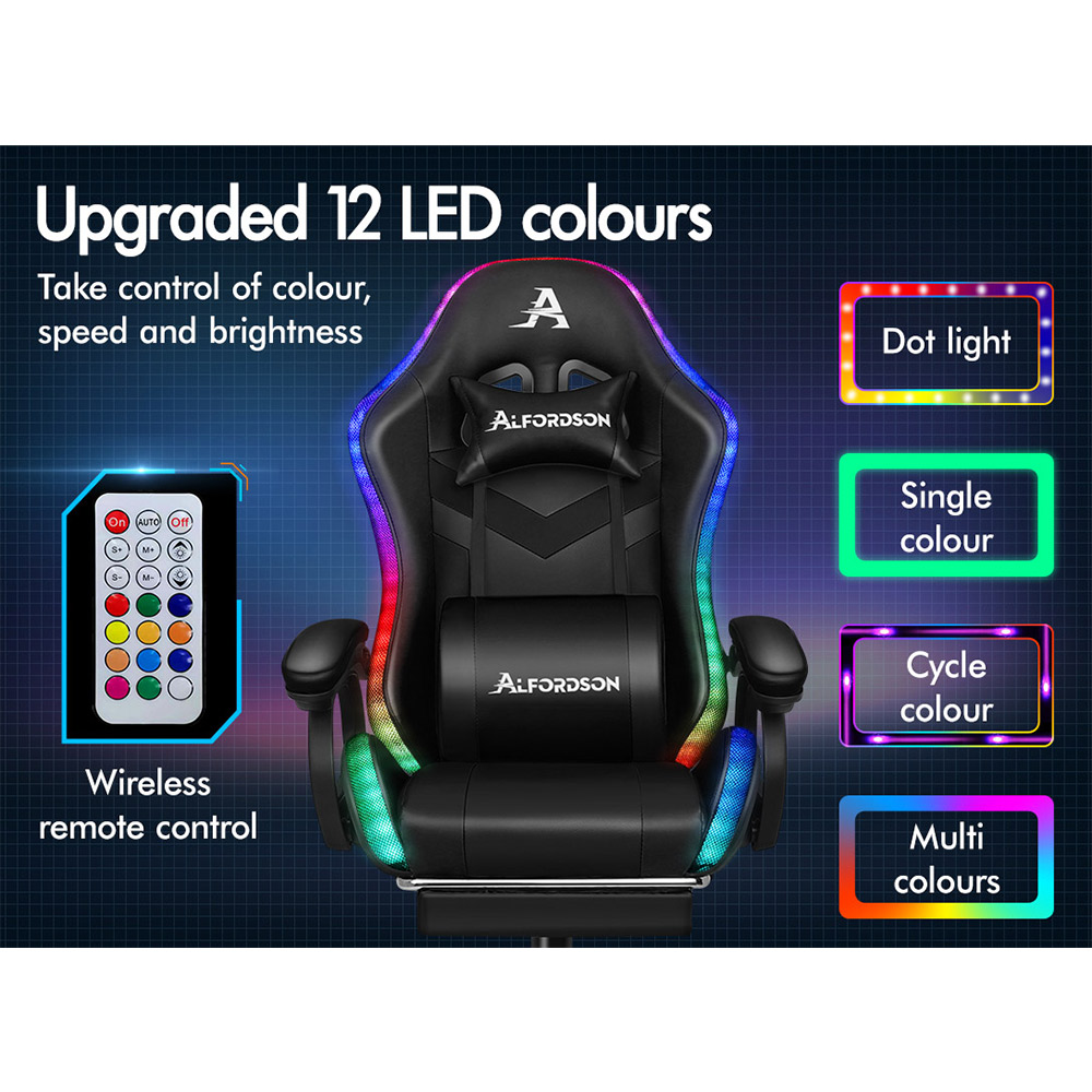 Schwarzer Gaming-Stuhl mit 12 LED-Farben, Fernbedienung und Optionen für Lichteffekte.