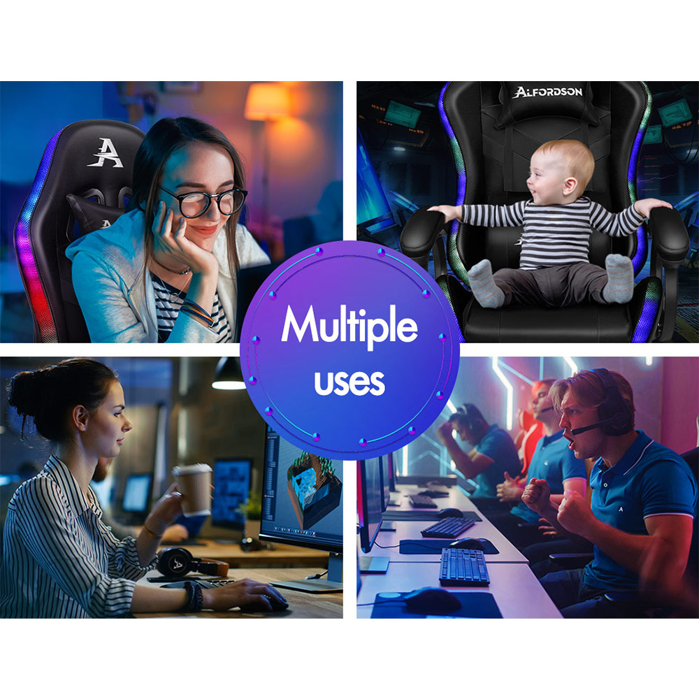 Vier Szenen zeigen Gaming-Stühle: Frau am PC, Baby im Stuhl, Frau am Arbeitsplatz, E-Sportler.