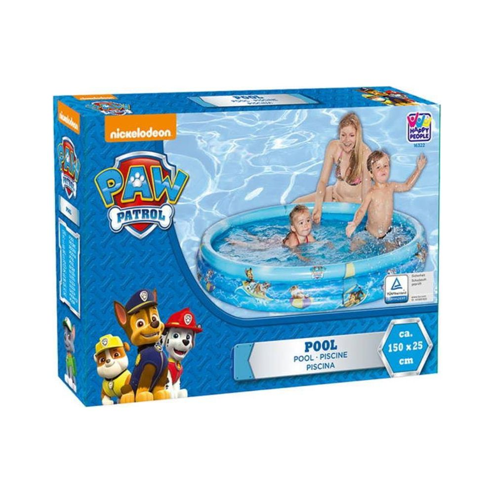 Emballage de piscine Paw Patrol avec enfants et femme dans la piscine et les chiens Chase, Marshall, Rubble.