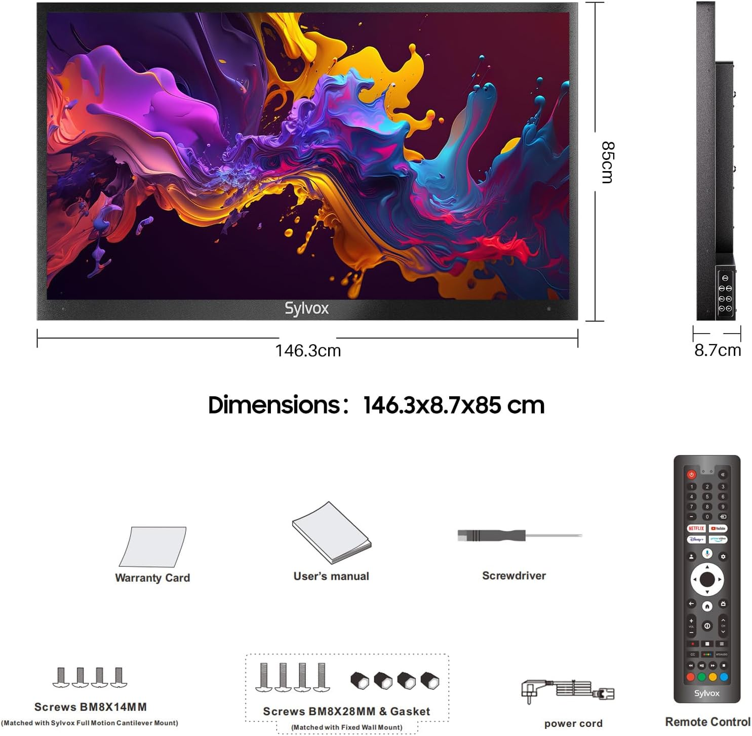 Sylvox TV mit abstrakter Kunst, Maße 146,3x8,7x85cm, Zubehör.