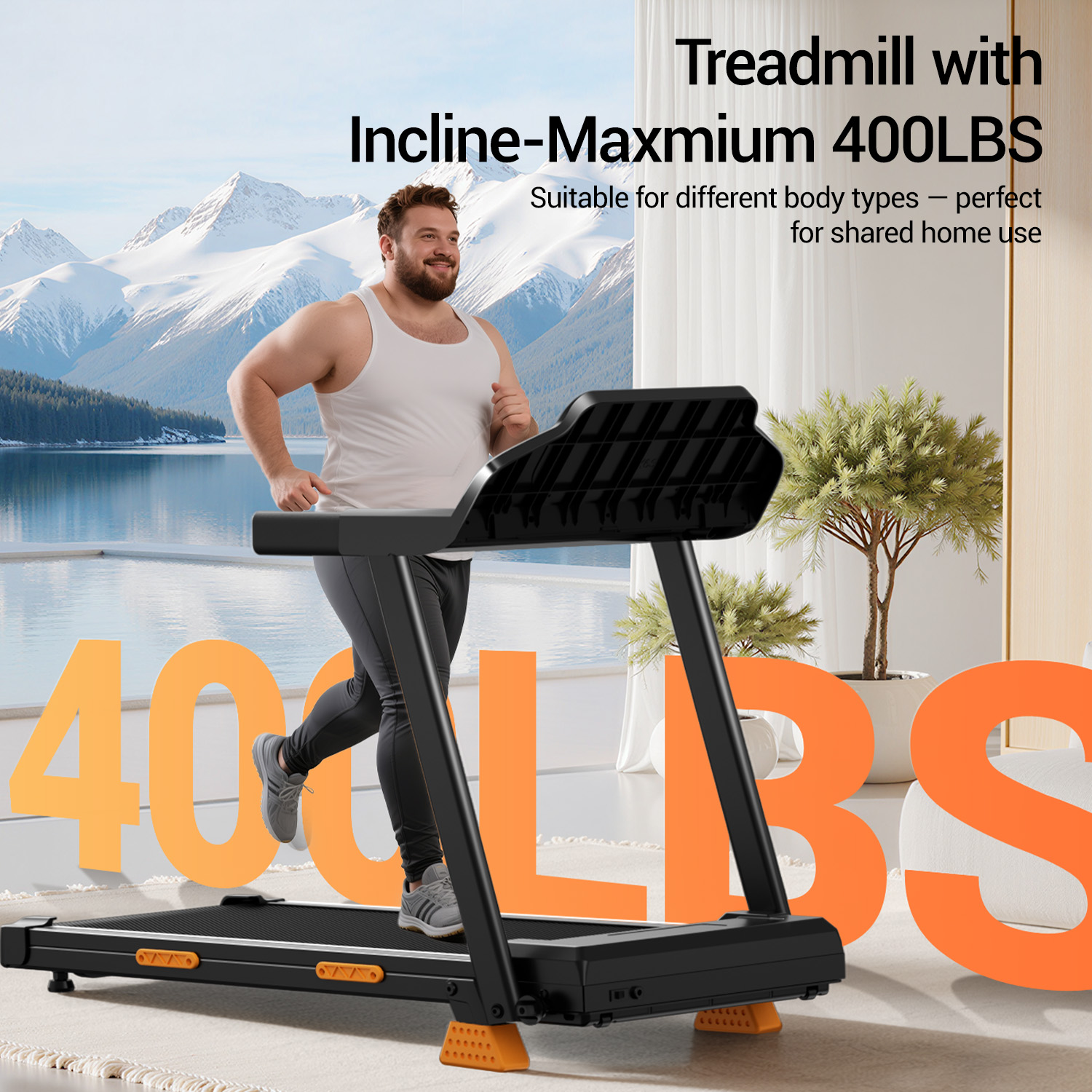 Ein Mann läuft auf einem Laufband mit großer Orangen-Schrift "400LBS" im Hintergrund.